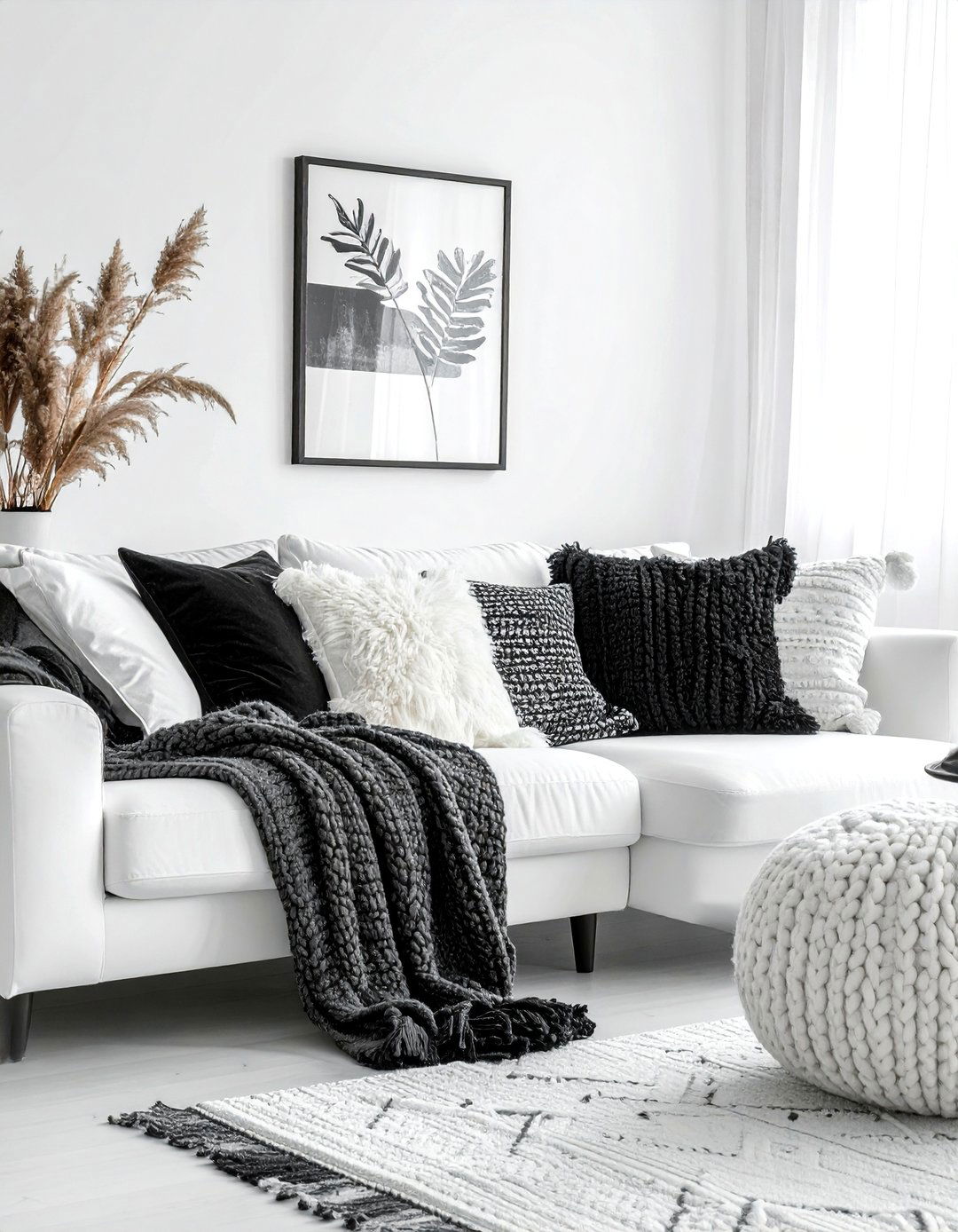 A Comfortable White Sectional Sofa - 20 Black and White Boho Living Room Ideas for a Cozy Vibe