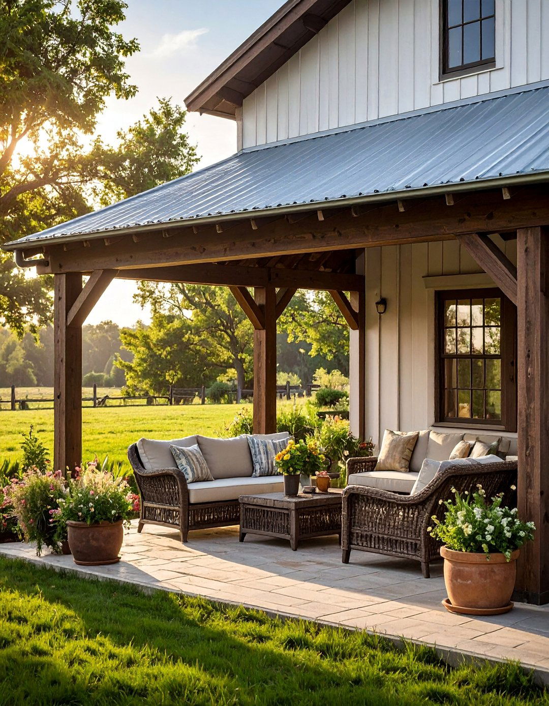 A Covered Farmhouse Patio with a Tin Roof - 25 Farmhouse Patio Ideas for a Relaxing Outdoor Space