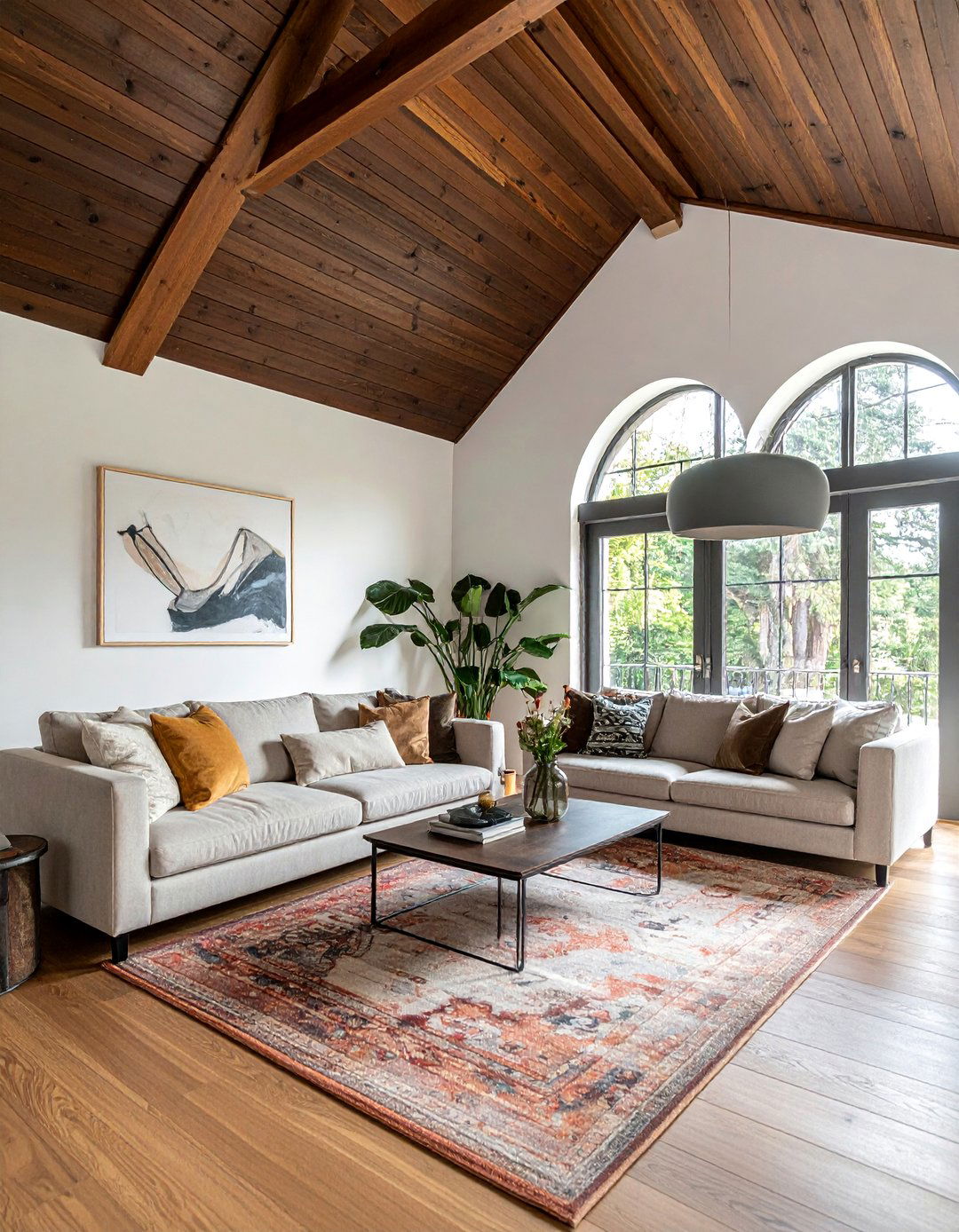 A Dark Stained Wood Living Room Vaulted Ceiling - 25 Living Room Vaulted Ceiling Ideas for Spacious Charm