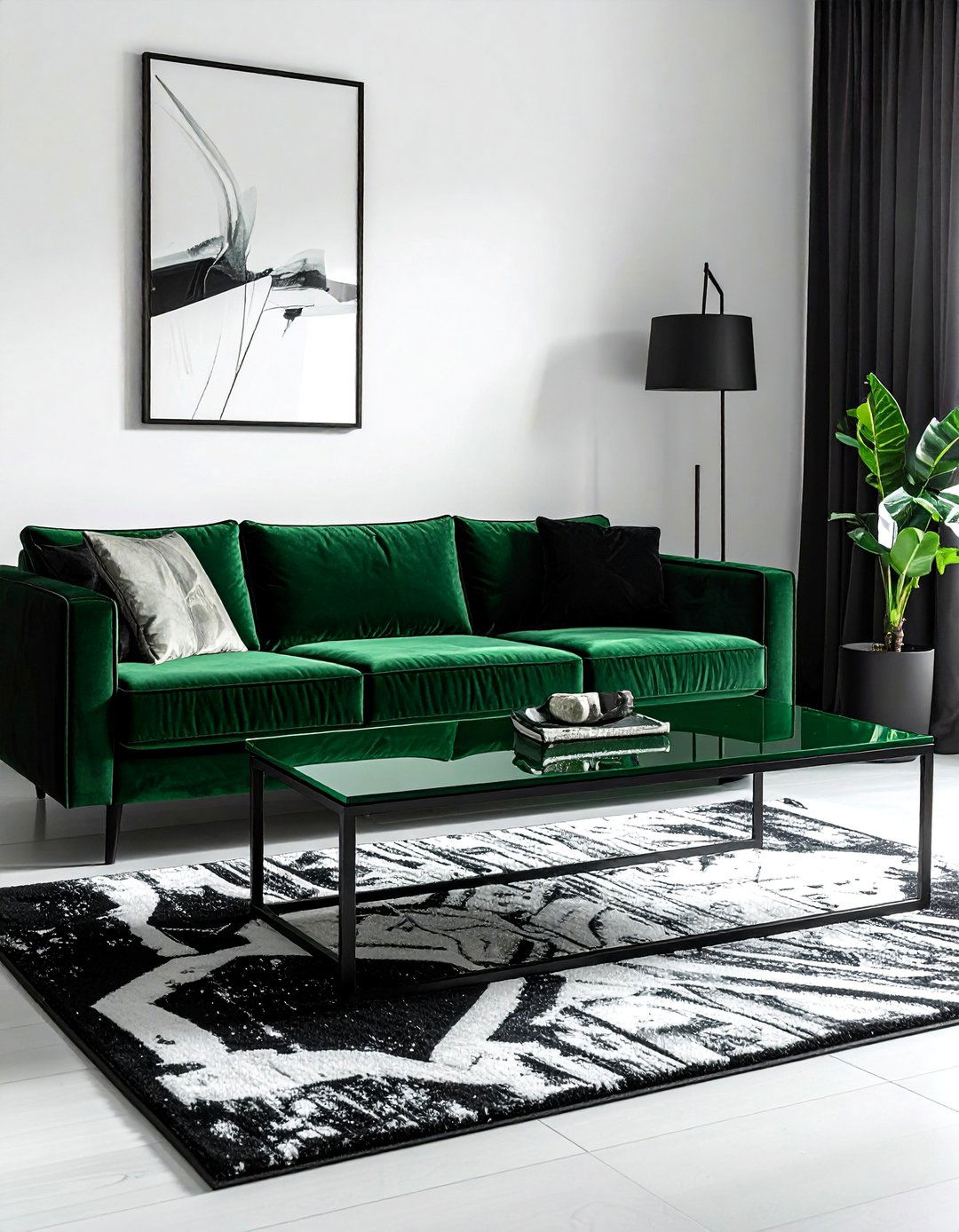 A Deep Green Lacquered Coffee Table - 30 Black and Green Living Room Ideas for a Luxe Feel