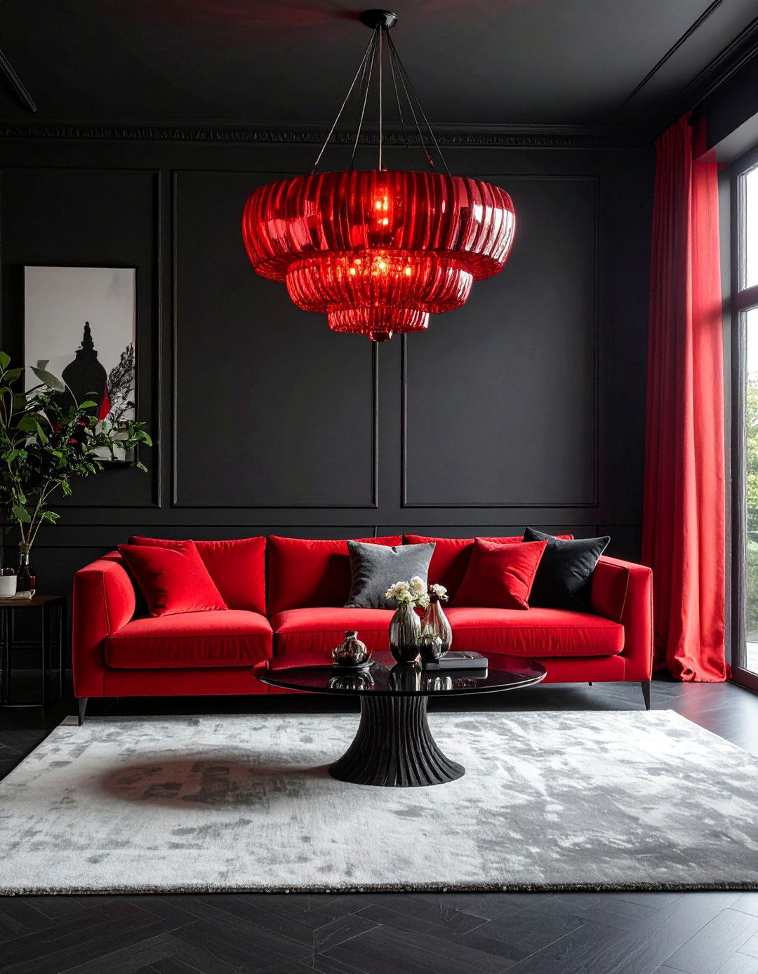 A Dramatic Red Chandelier as a Focal Point - 25 Black and Red Living Room Ideas for Bold Interiors