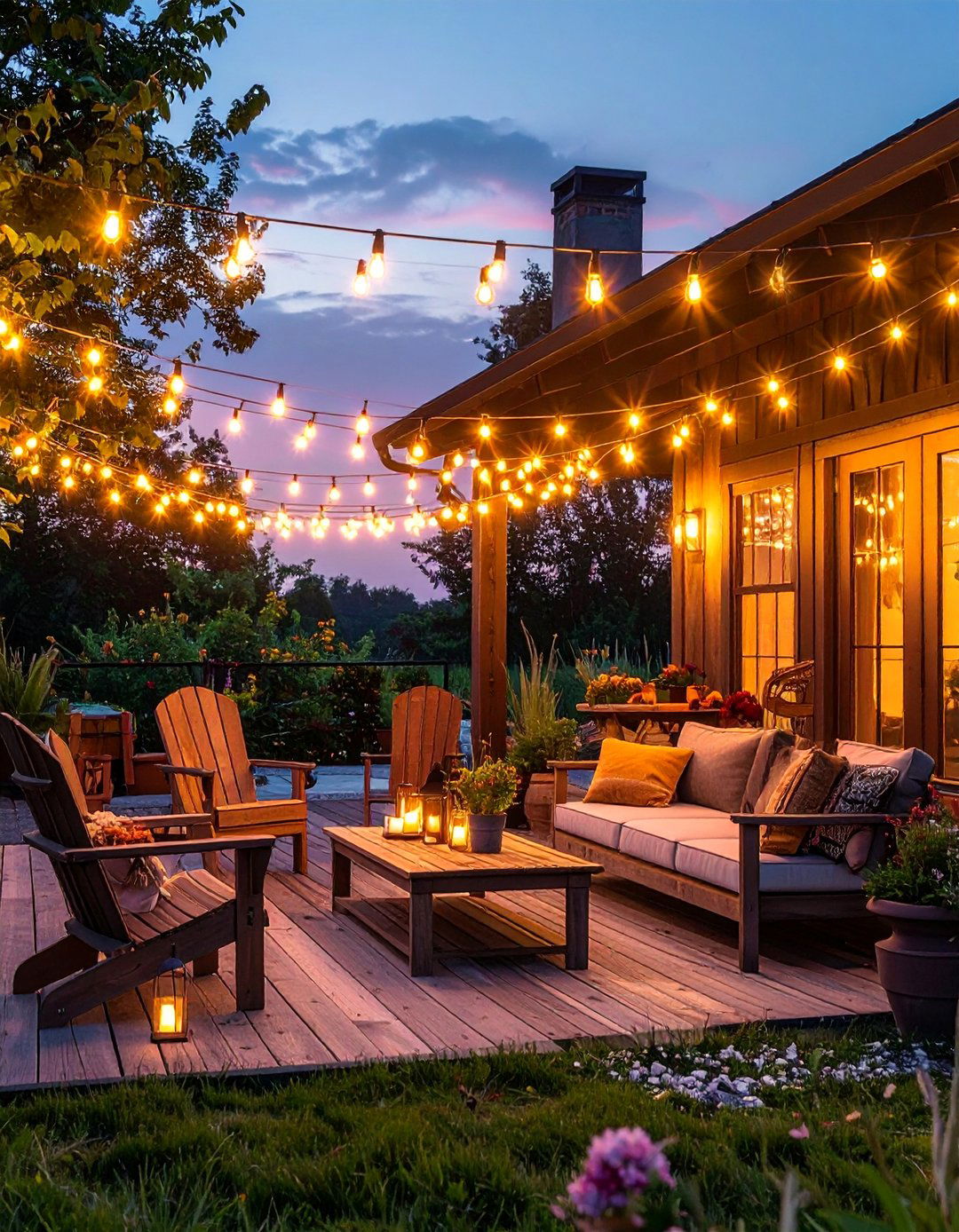 A Farmhouse Patio Adorned with String Lights - 25 Farmhouse Patio Ideas for a Relaxing Outdoor Space
