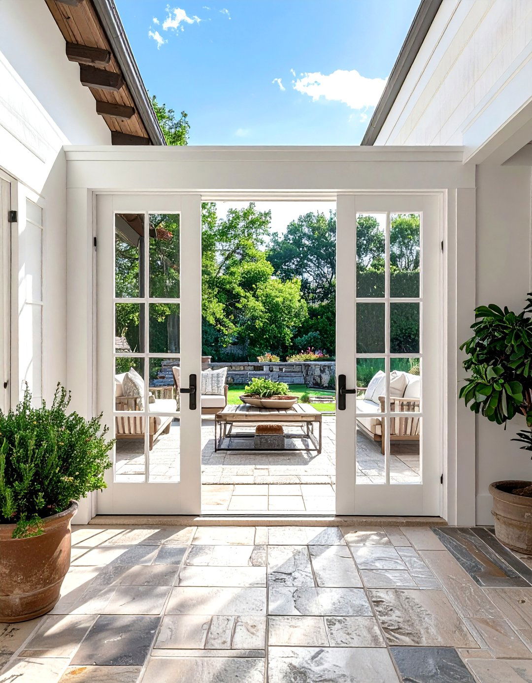 A Farmhouse Patio Connected by French Doors - 25 Farmhouse Patio Ideas for a Relaxing Outdoor Space