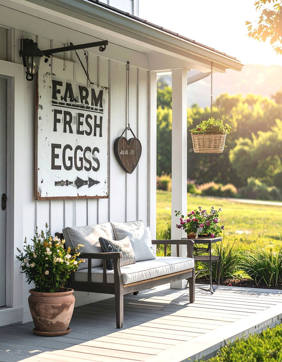 A Farmhouse Patio Decorated with Antique Signs - 25 Farmhouse Patio Ideas for a Relaxing Outdoor Space