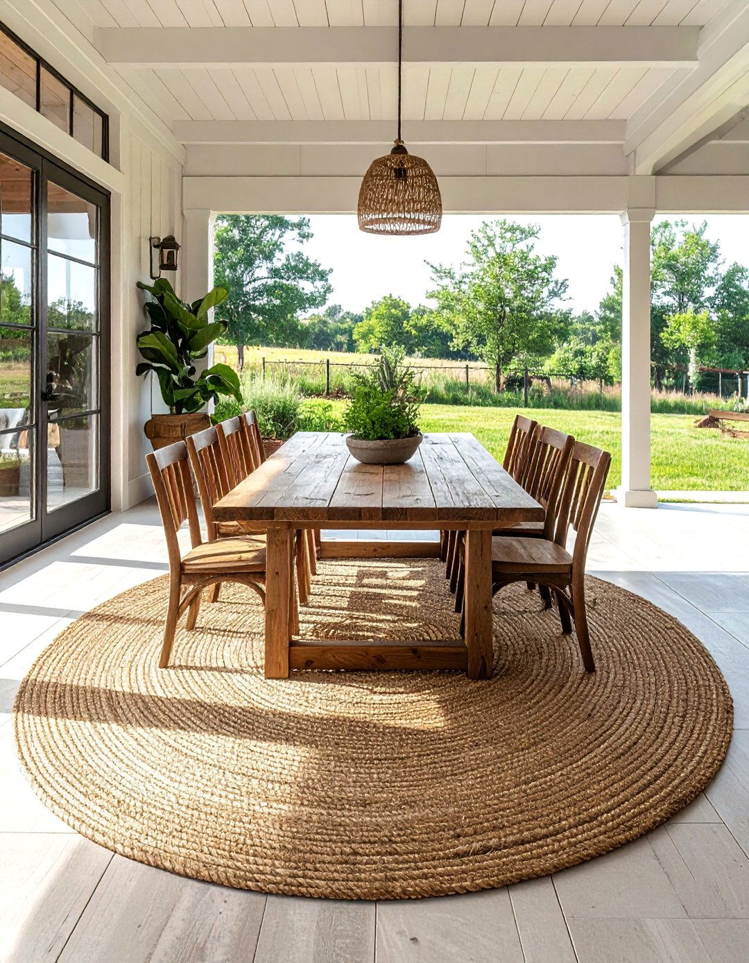 A Farmhouse Patio Defined by a Jute Area Rug - 25 Farmhouse Patio Ideas for a Relaxing Outdoor Space