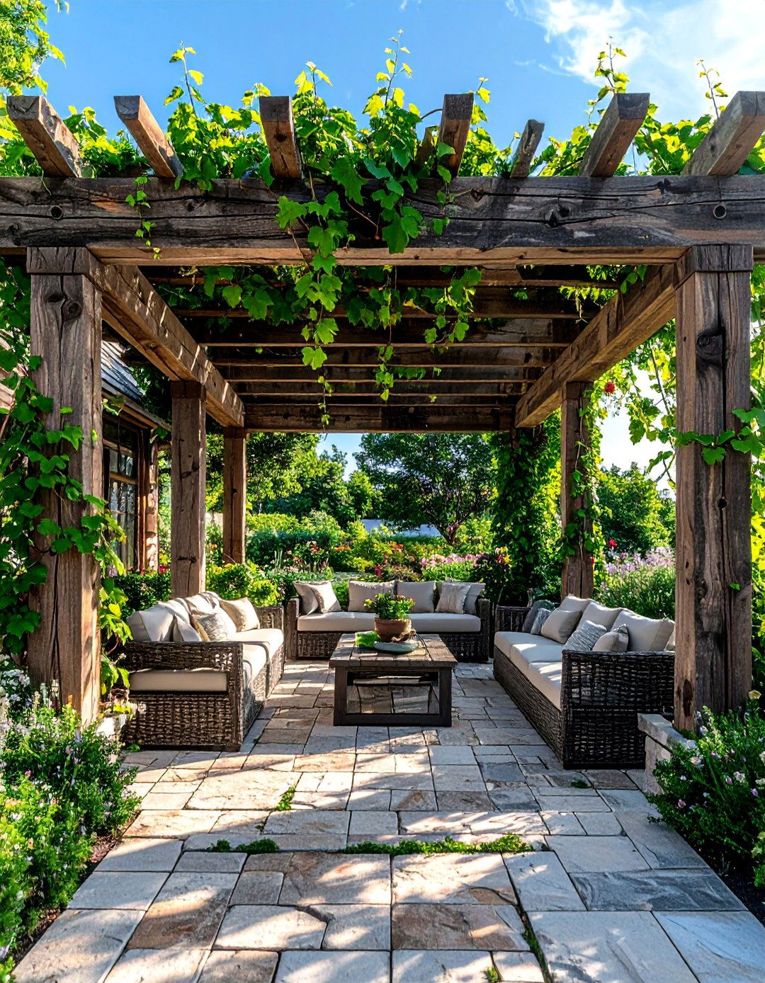 A Farmhouse Patio Featuring a Reclaimed Wood Pergola - 25 Farmhouse Patio Ideas for a Relaxing Outdoor Space