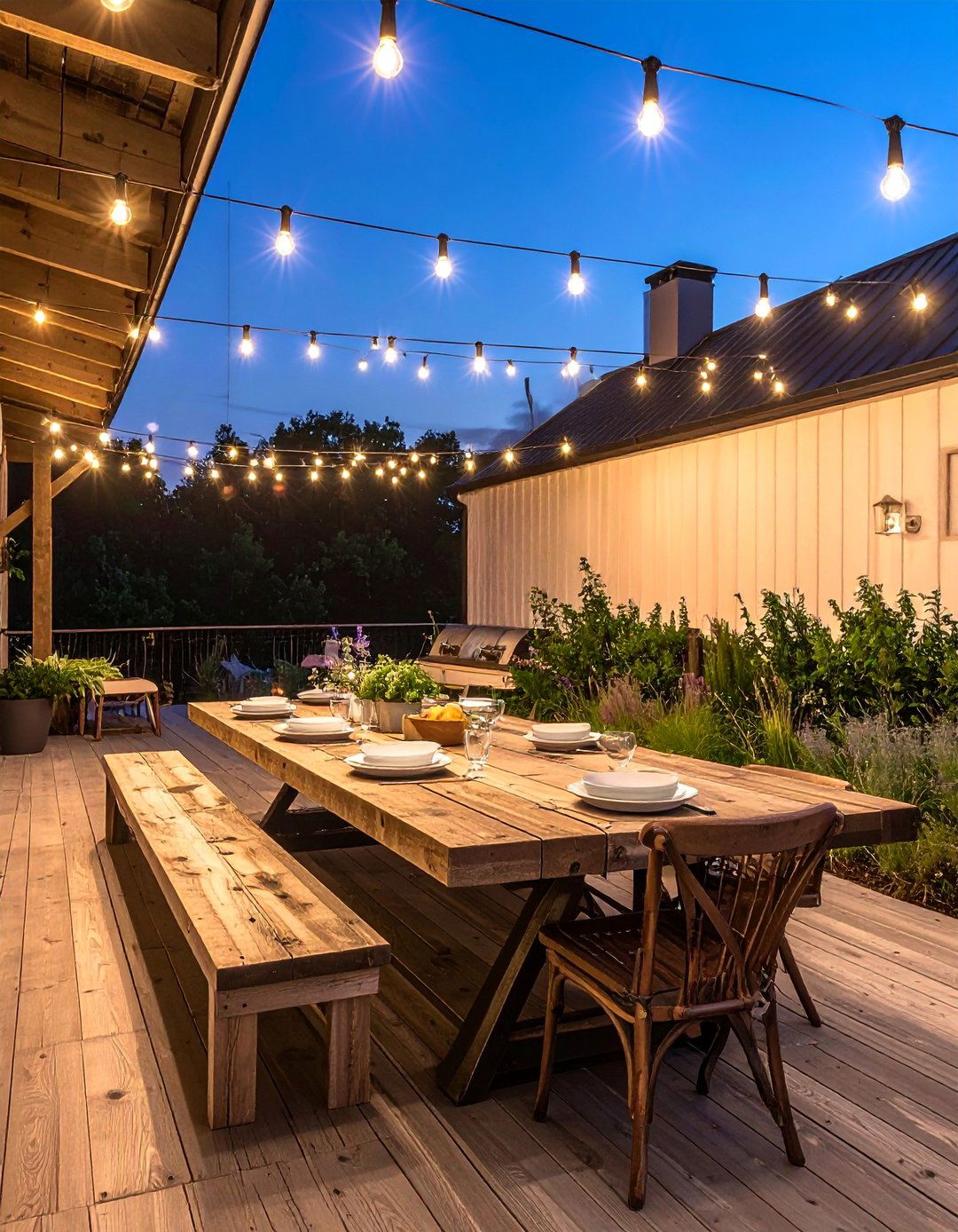 A Farmhouse Patio Featuring a Rustic Dining Table - 25 Farmhouse Patio Ideas for a Relaxing Outdoor Space