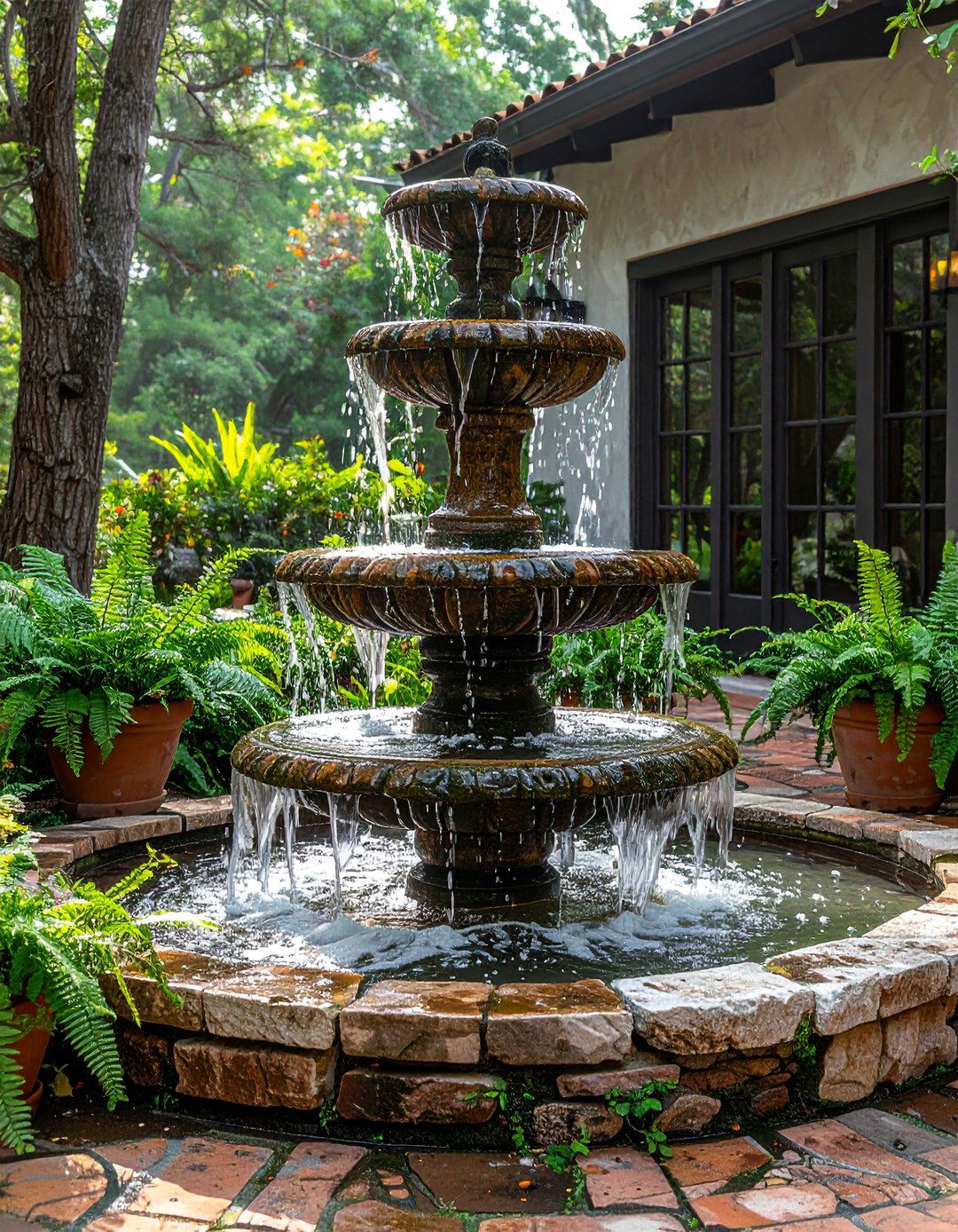 A Farmhouse Patio Featuring a Water Feature - 25 Farmhouse Patio Ideas for a Relaxing Outdoor Space