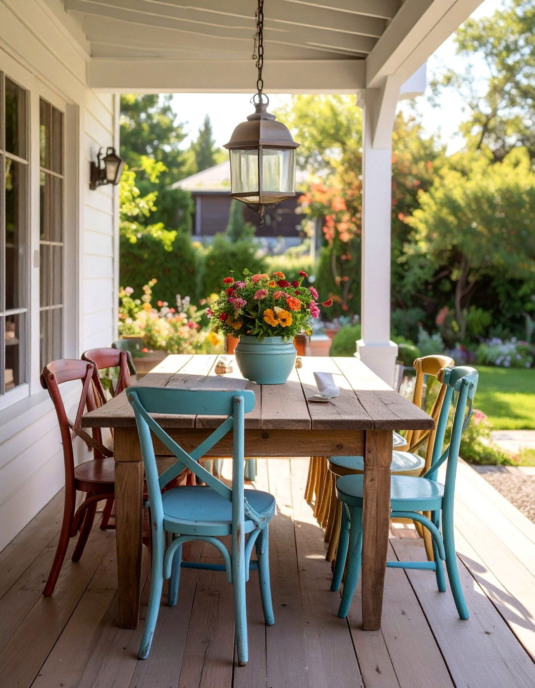 A Farmhouse Patio Using Mismatched Wooden Chairs - 25 Farmhouse Patio Ideas for a Relaxing Outdoor Space