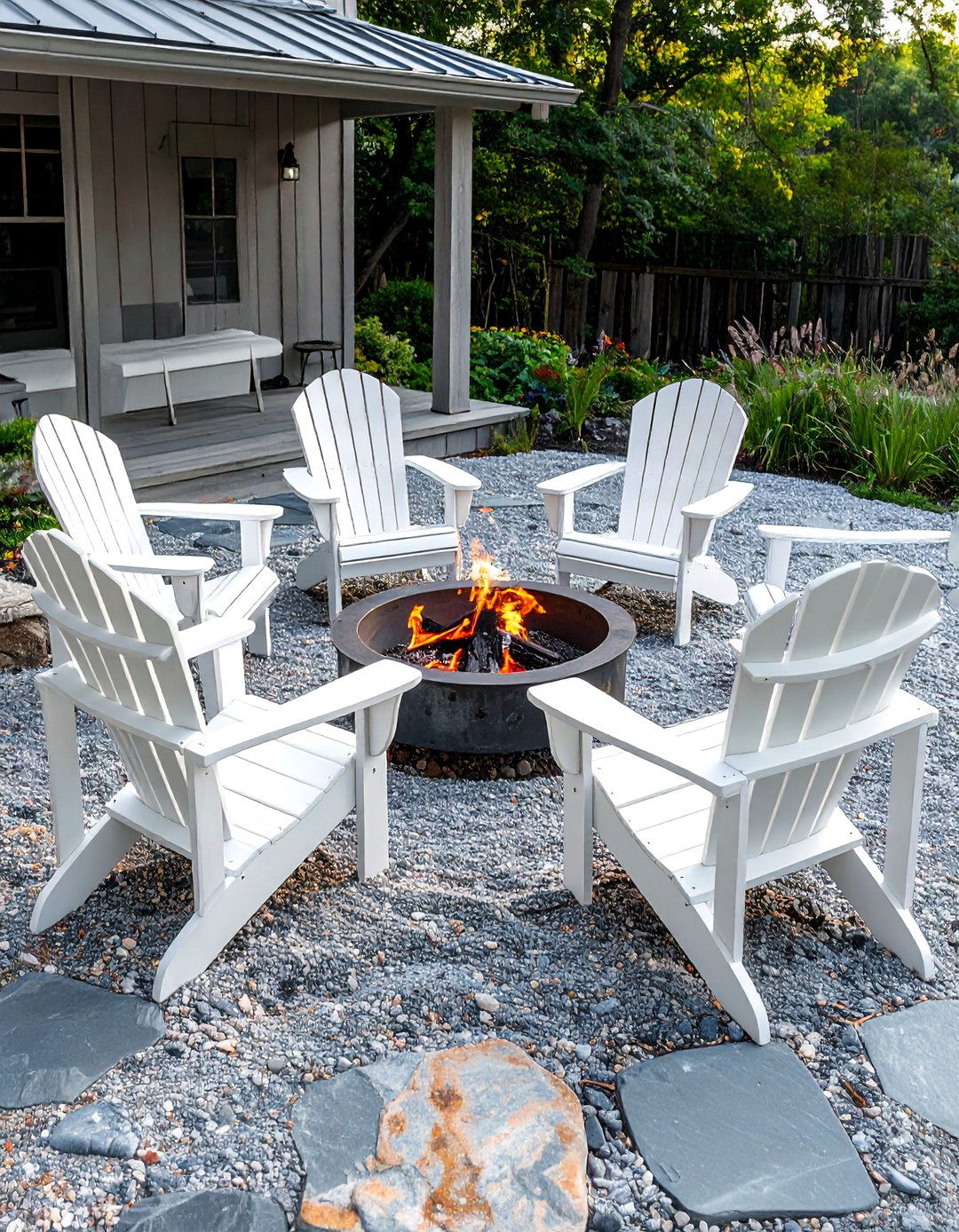 A Farmhouse Patio with Classic Adirondack Chairs - 25 Farmhouse Patio Ideas for a Relaxing Outdoor Space