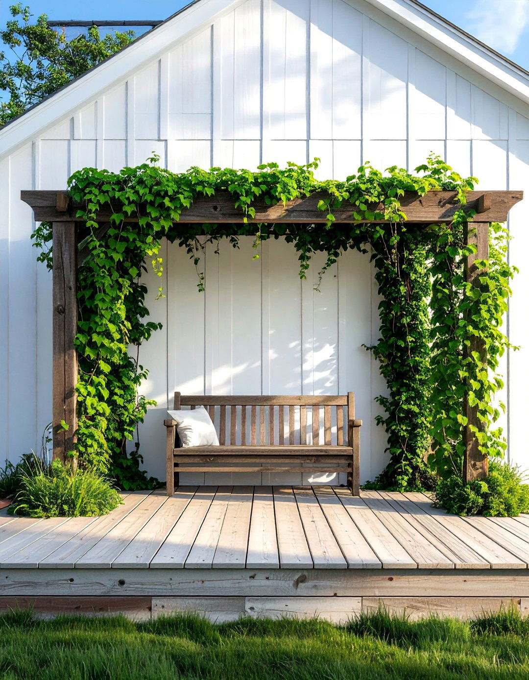 A Farmhouse Patio with Climbing Ivy on a Trellis - 25 Farmhouse Patio Ideas for a Relaxing Outdoor Space