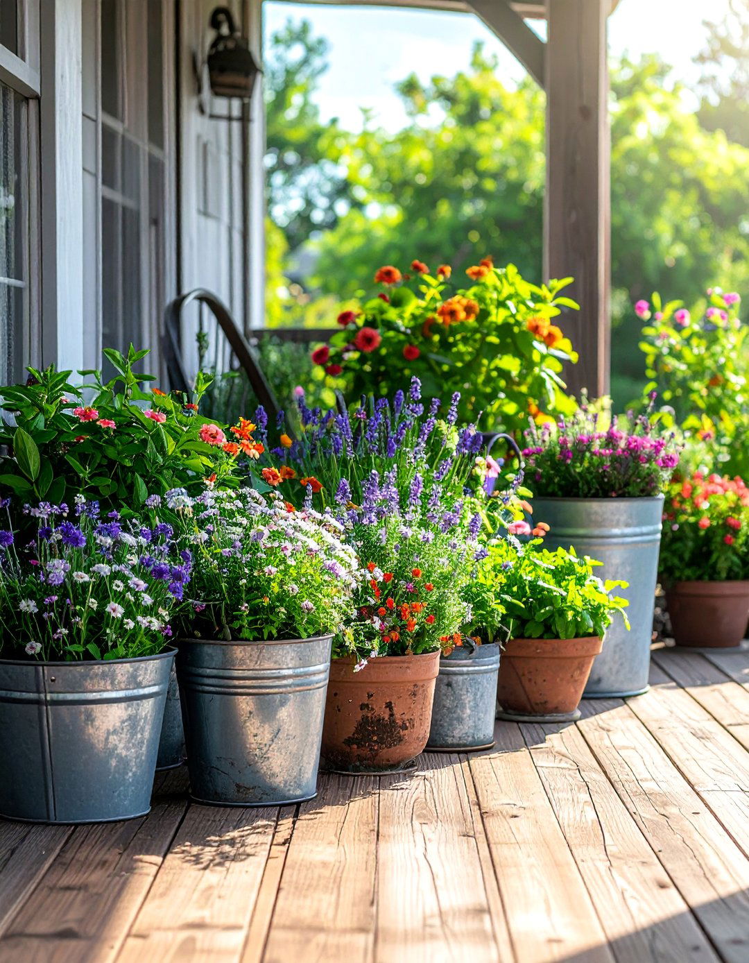 A Farmhouse Patio with Galvanized Metal Planters - 25 Farmhouse Patio Ideas for a Relaxing Outdoor Space