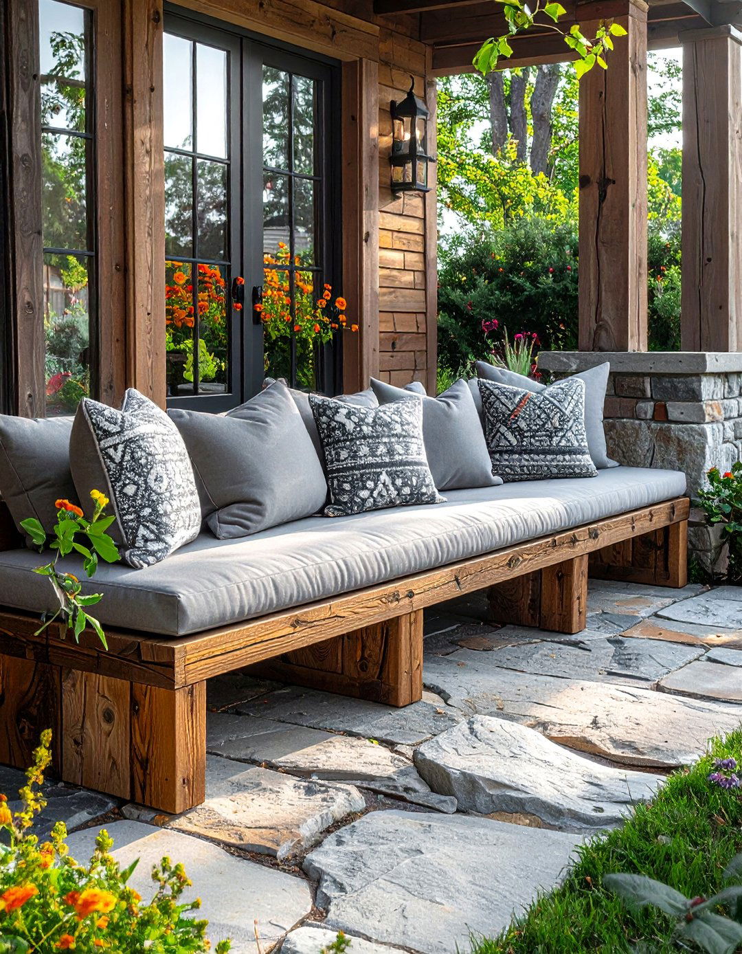 A Farmhouse Patio with a Built in Bench for Seating - 25 Farmhouse Patio Ideas for a Relaxing Outdoor Space