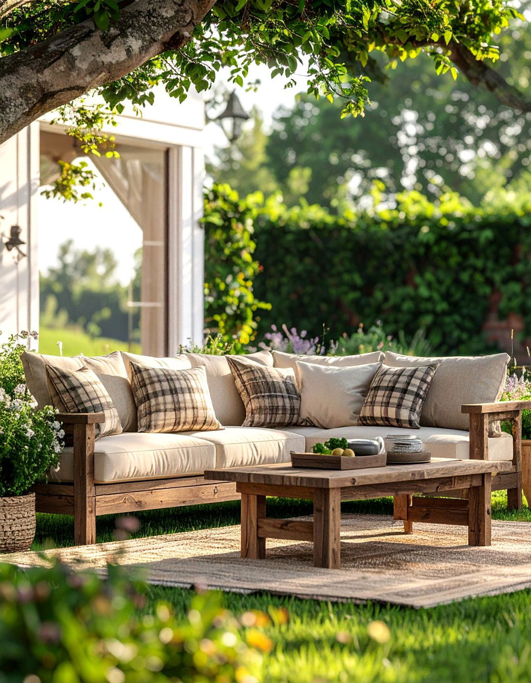 A Farmhouse Patio with a Comfortable Outdoor Sofa - 25 Farmhouse Patio Ideas for a Relaxing Outdoor Space
