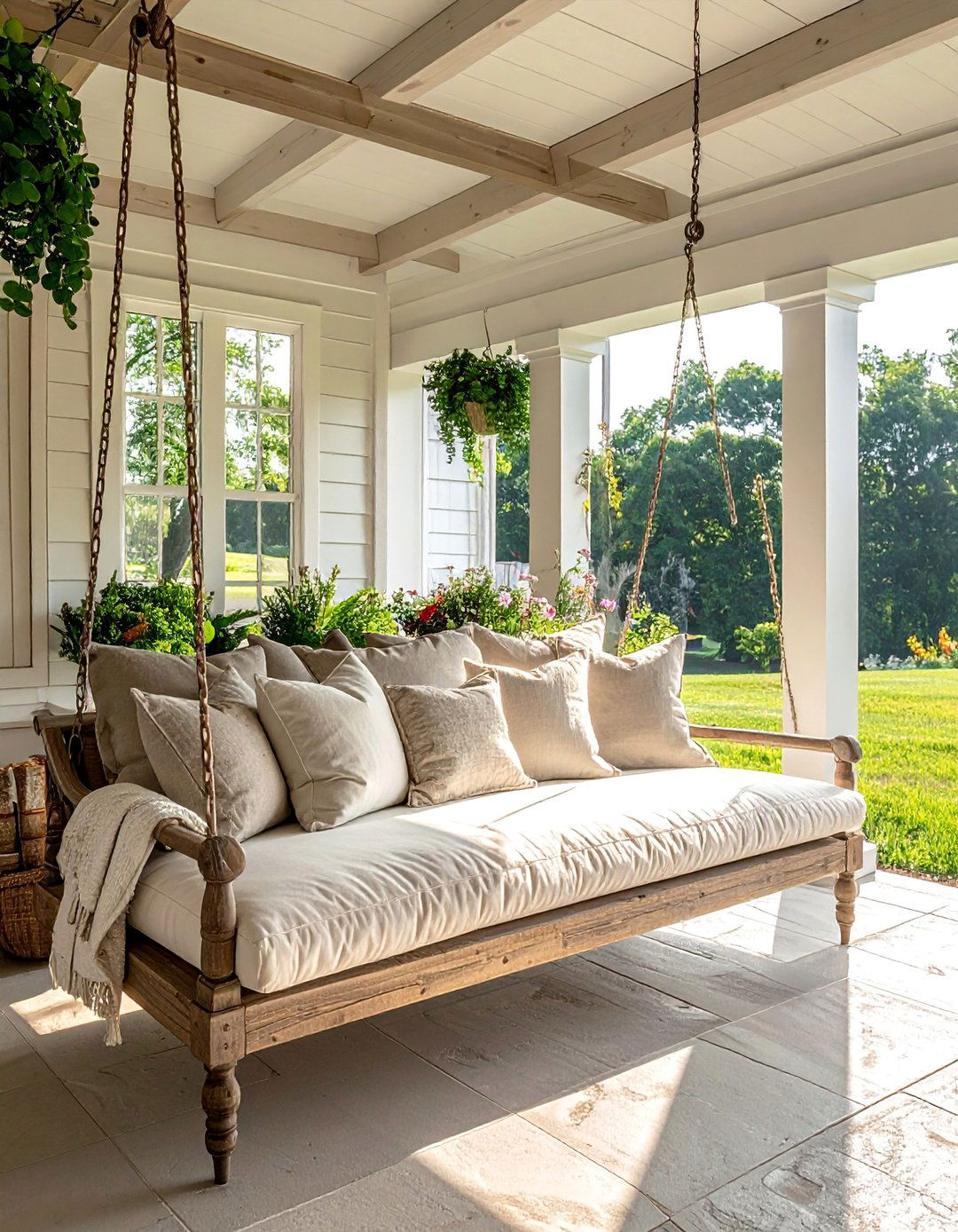 A Farmhouse Patio with a Cozy Porch Swing - 25 Farmhouse Patio Ideas for a Relaxing Outdoor Space