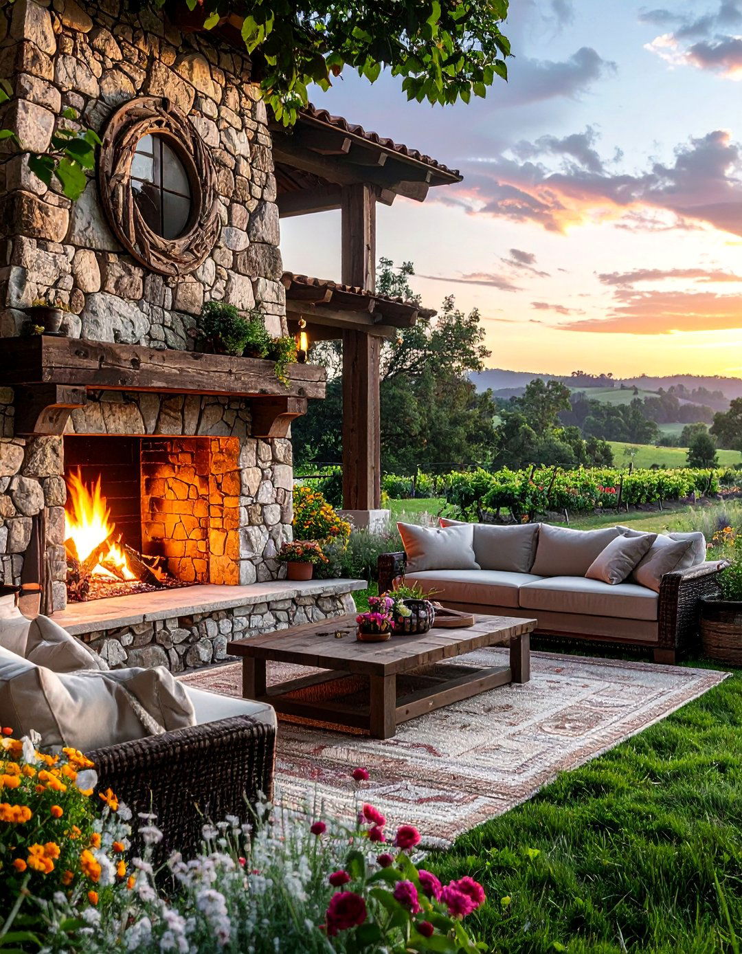 A Farmhouse Patio with a Stone Fireplace - 25 Farmhouse Patio Ideas for a Relaxing Outdoor Space