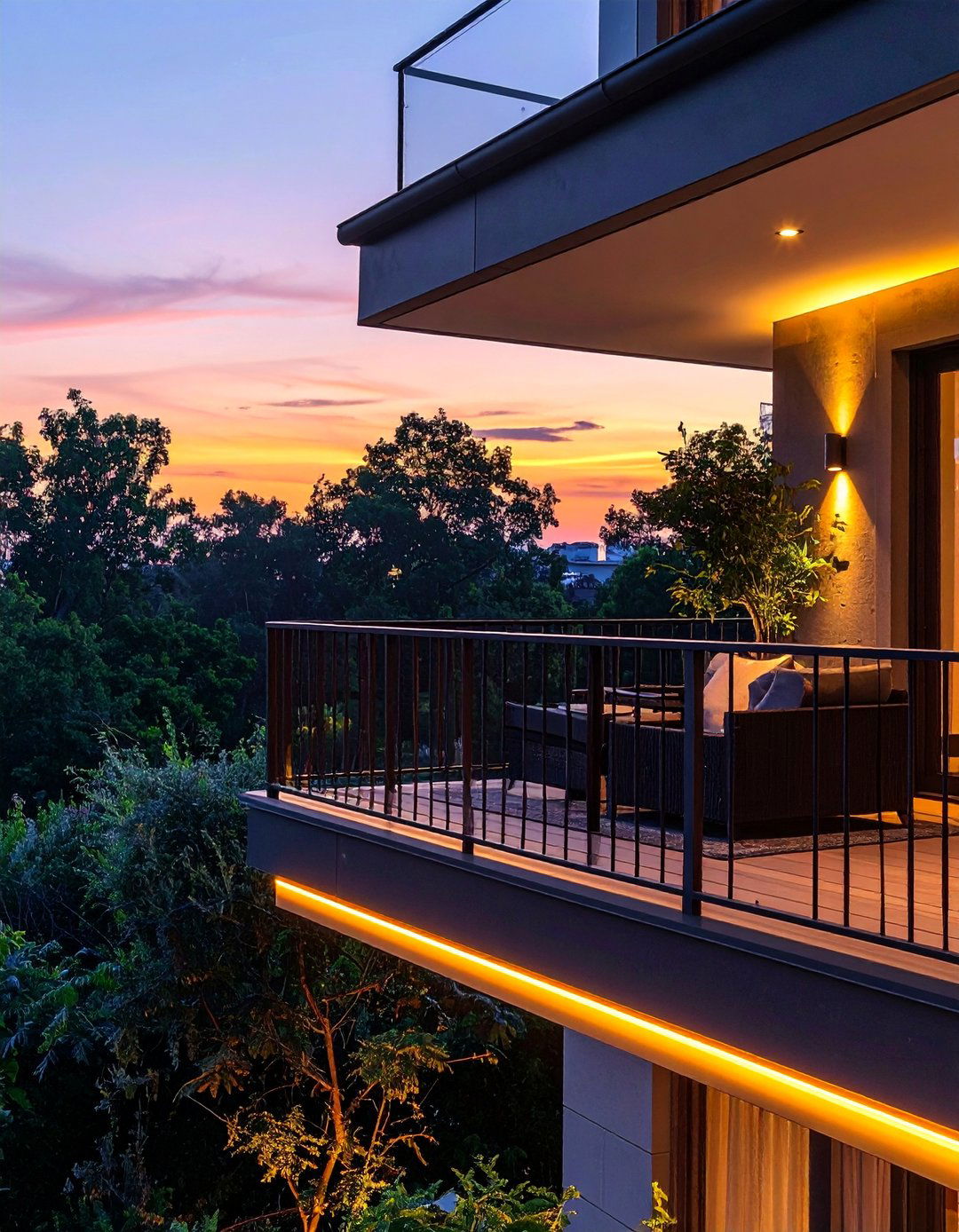 A French Balcony with Integrated Lighting - 25 French Balcony Ideas for a Charming Outdoor Space