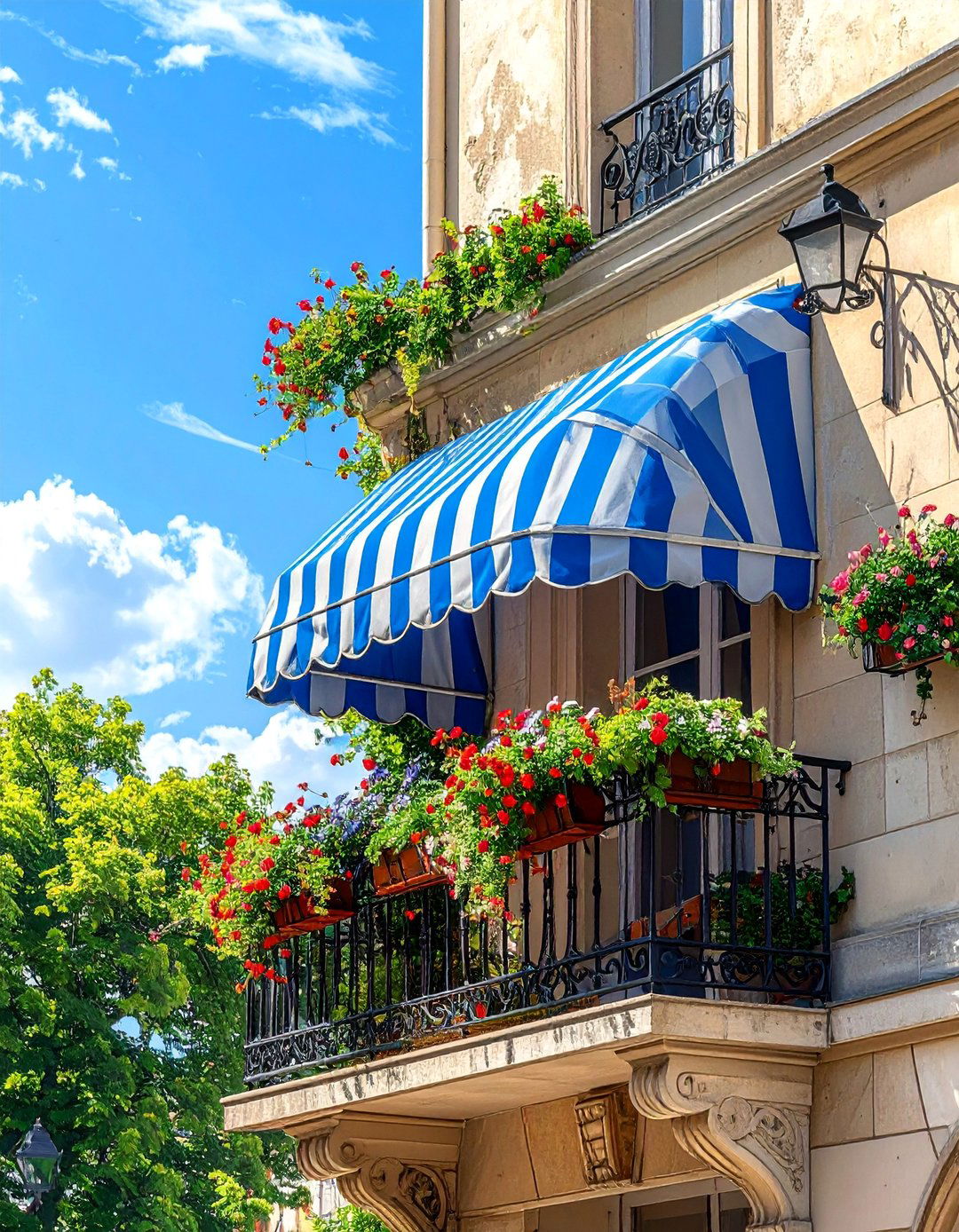 A French Balcony with an Integrated Awning - 25 French Balcony Ideas for a Charming Outdoor Space