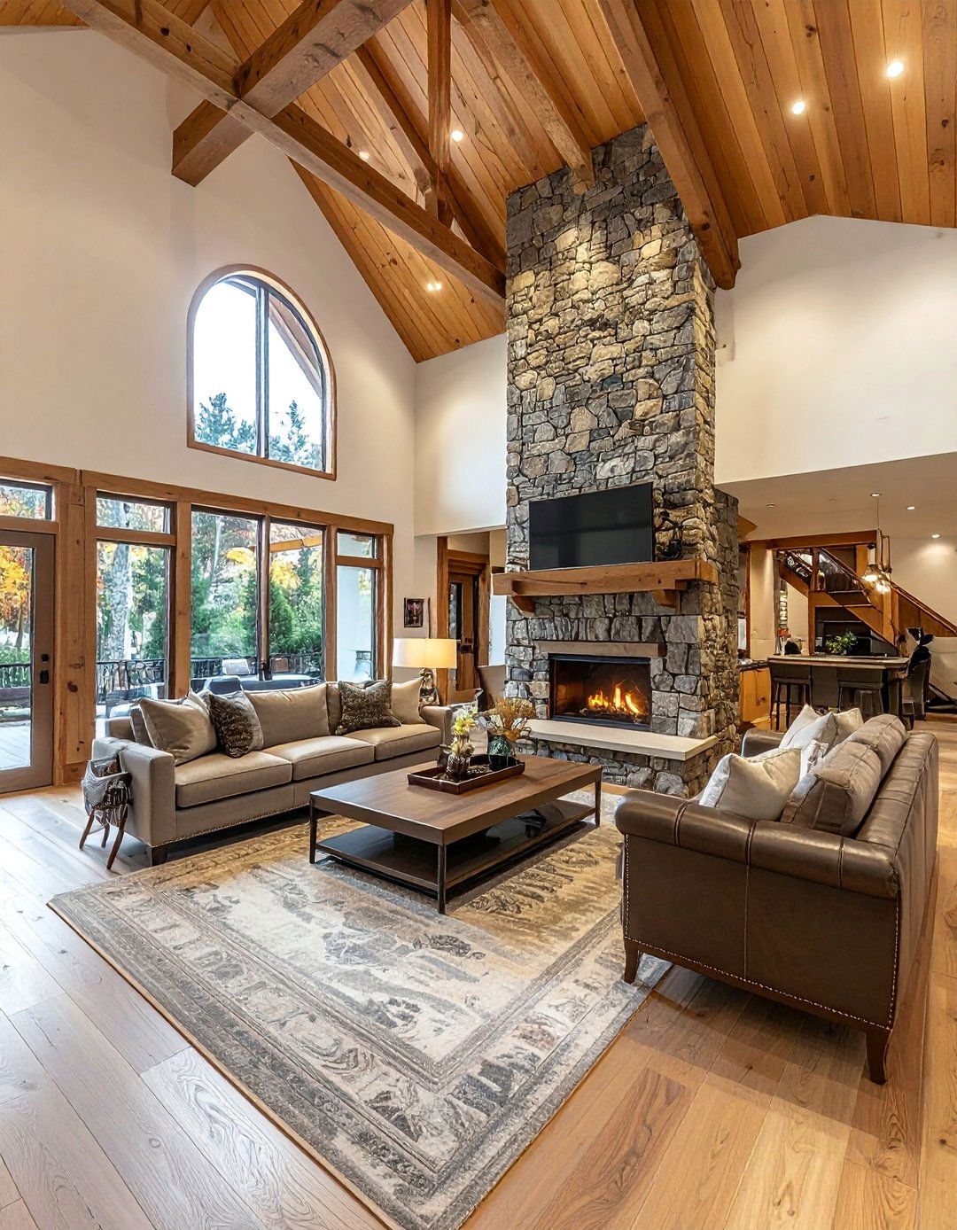 A Full Height Fireplace on a Living Room Vaulted Ceiling Wall - 25 Living Room Vaulted Ceiling Ideas for Spacious Charm