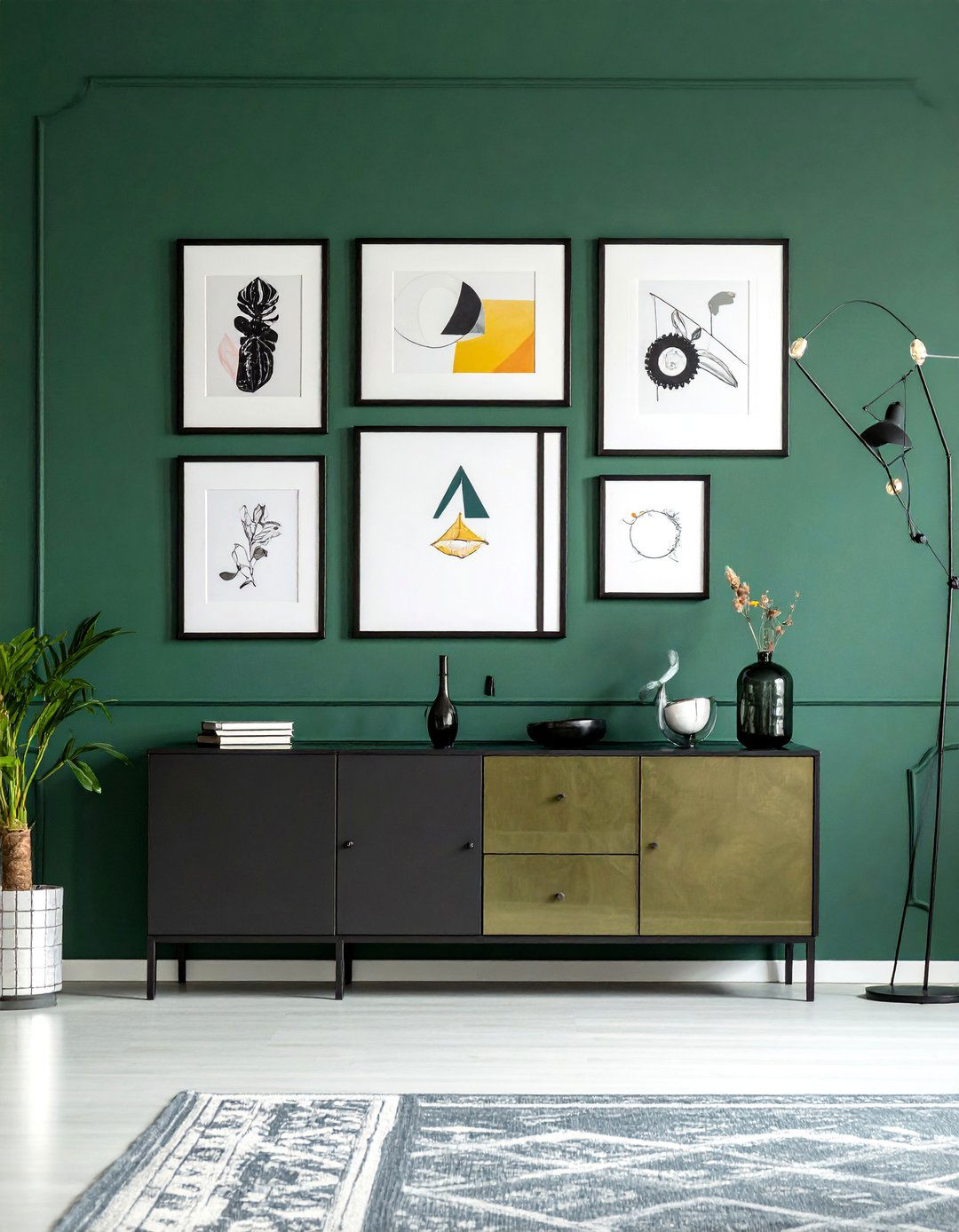 A Gallery Wall on a Deep Green Backdrop - 30 Black and Green Living Room Ideas for a Luxe Feel