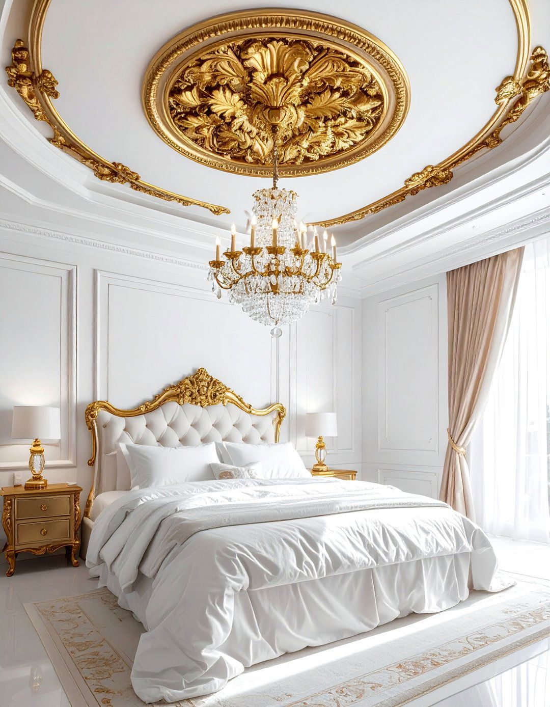 A Gold Leafed Ceiling Medallion - 25 White and Gold Bedroom Ideas for a Luxurious Look