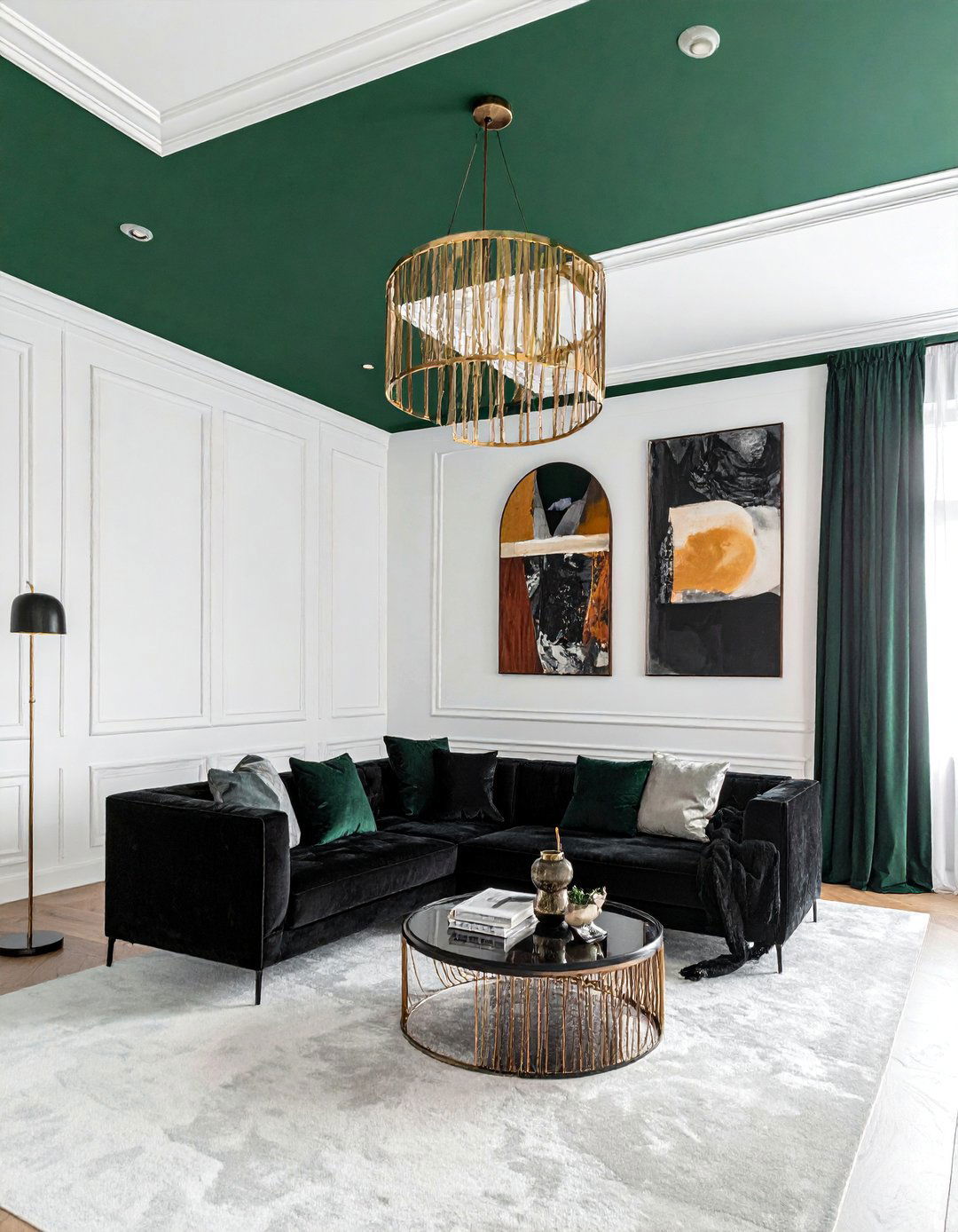 A Green Ceiling as a Fifth Wall - 30 Black and Green Living Room Ideas for a Luxe Feel