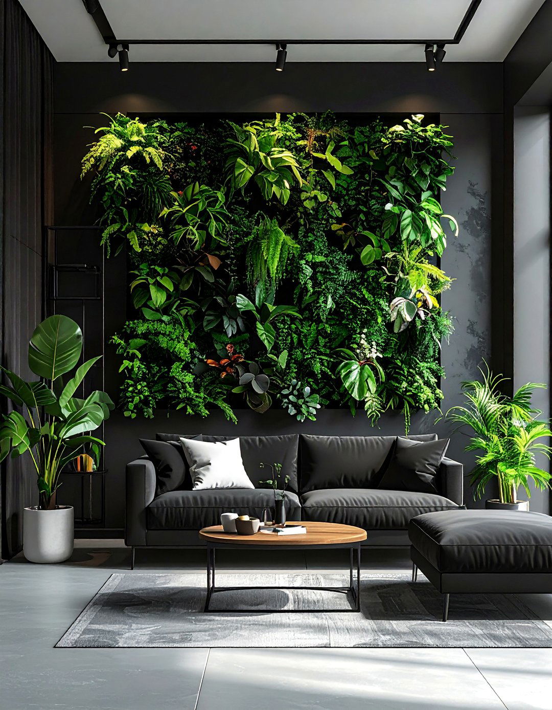 A Living Wall of Greenery Against Black Walls - 30 Black and Green Living Room Ideas for a Luxe Feel