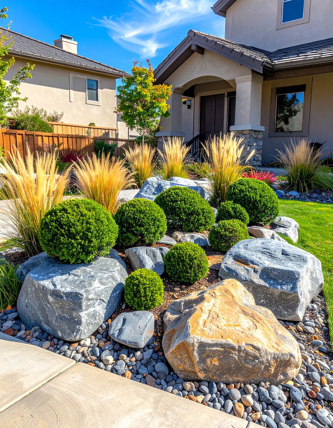 A Low Maintenance Rock Garden with Boxwood Shrubs - 20 Front Yard Boxwood Shrubs for Elegant Landscaping