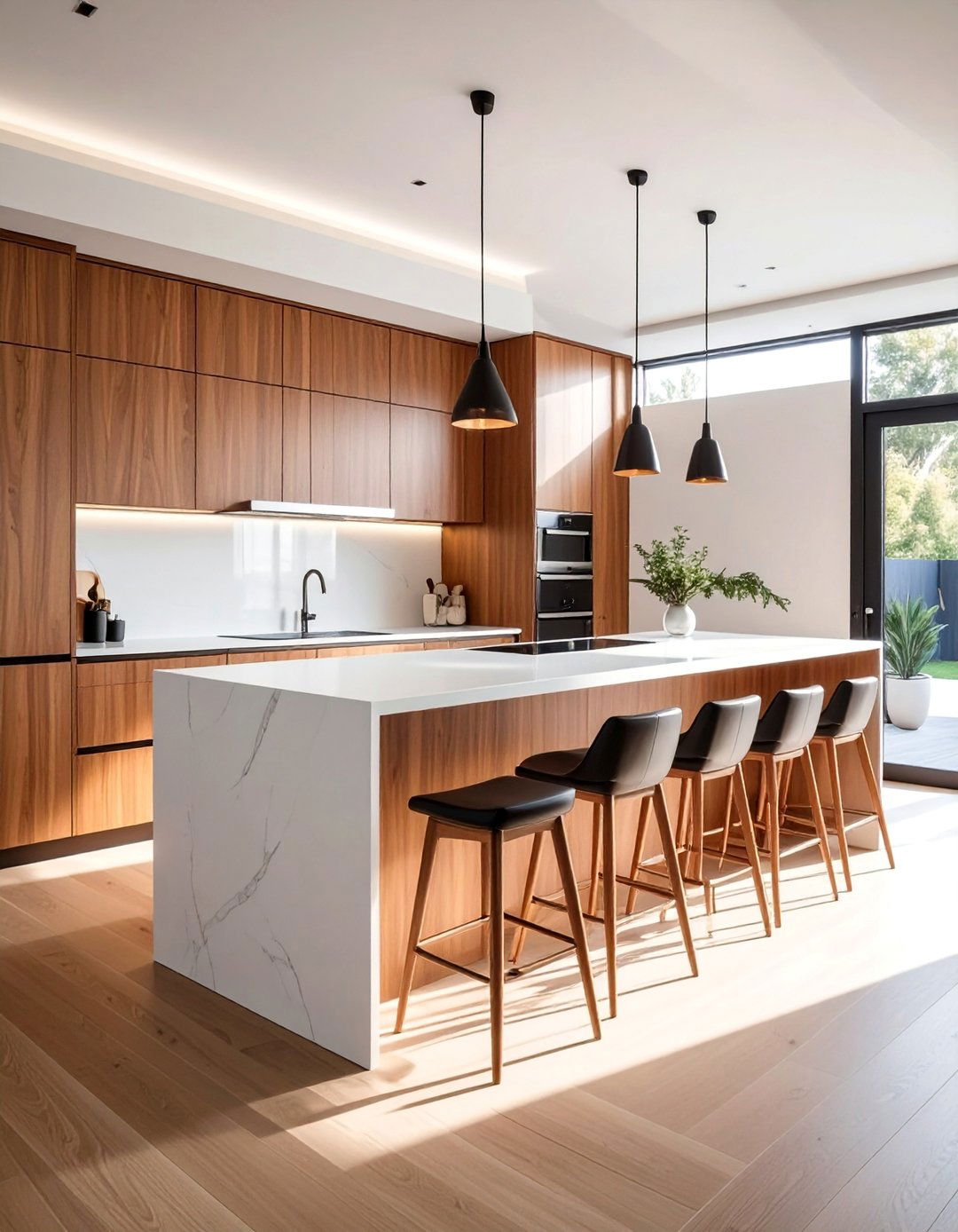 A Mid century Modern Kitchen Island with a Waterfall Edge - 40 Mid-century Modern Kitchen Ideas for a Retro Vibe