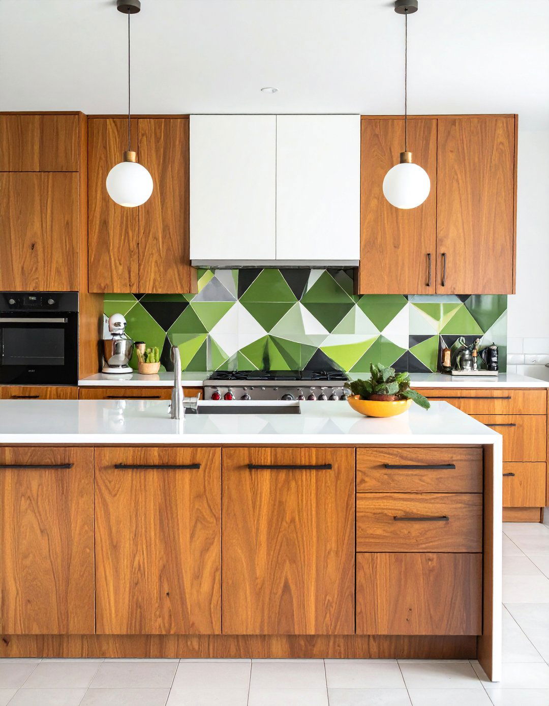 A Mid century Modern Kitchen with a Geometric Backsplash - 40 Mid-century Modern Kitchen Ideas for a Retro Vibe