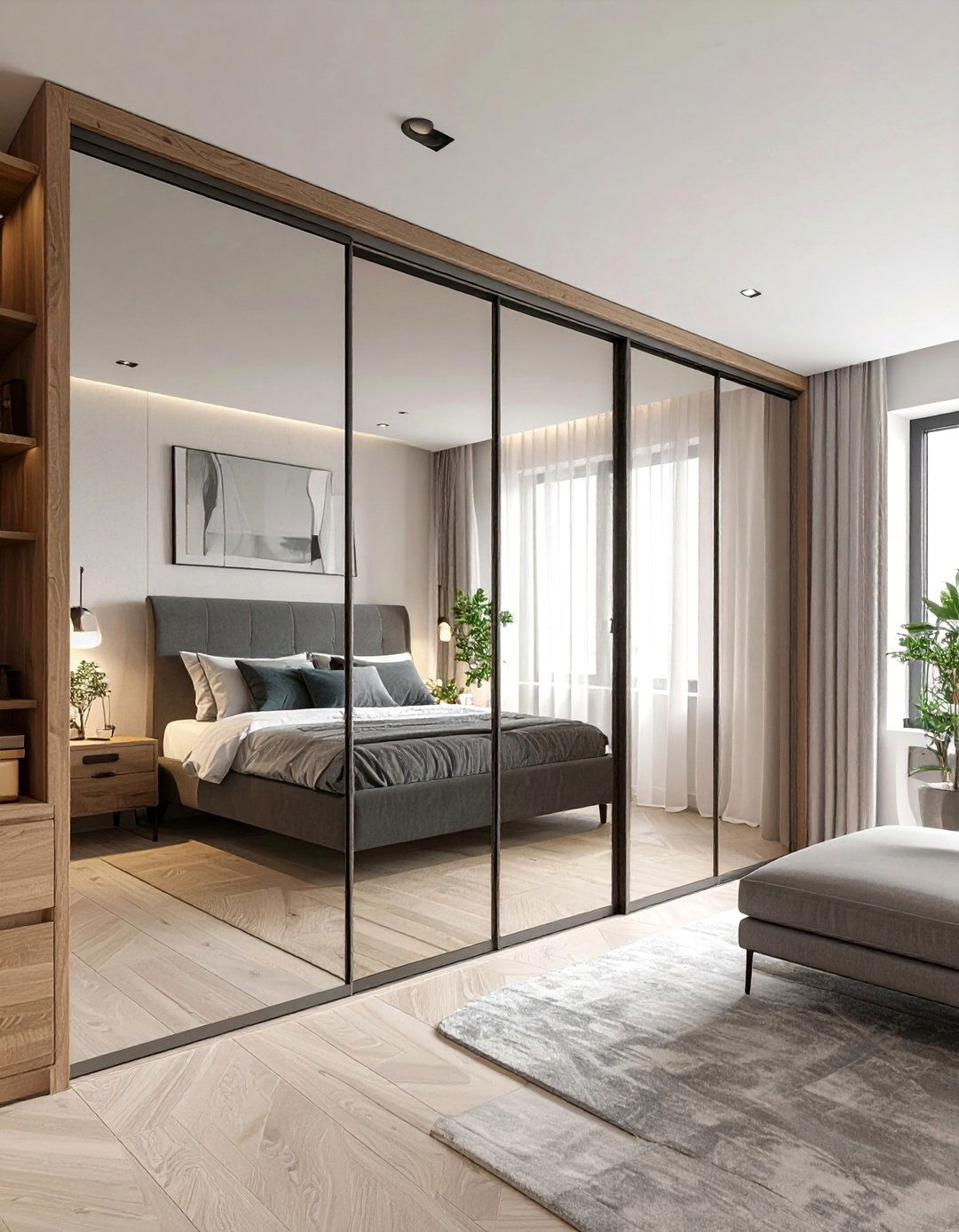 A Modern Bedroom with Mirrored Closet Doors - 40 Modern Bedroom Ideas for a Sleek and Stylish Space