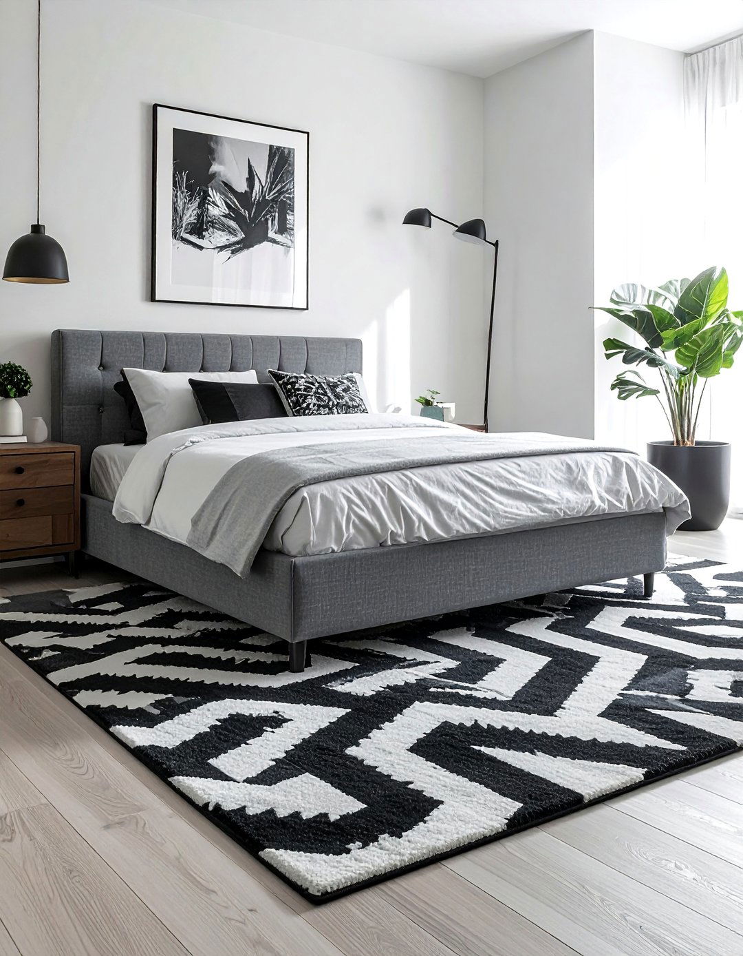 A Modern Bedroom with a Simple Geometric Patterned Rug - 40 Modern Bedroom Ideas for a Sleek and Stylish Space