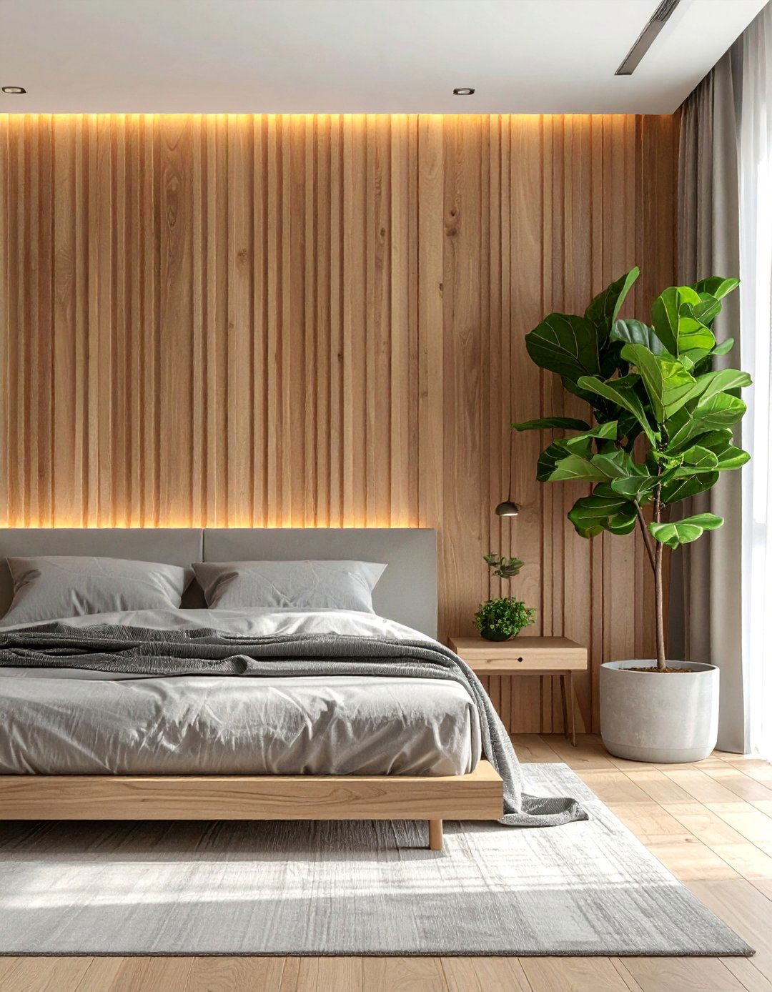 A Modern Bedroom with a Slatted Wood Accent Wall - 40 Modern Bedroom Ideas for a Sleek and Stylish Space