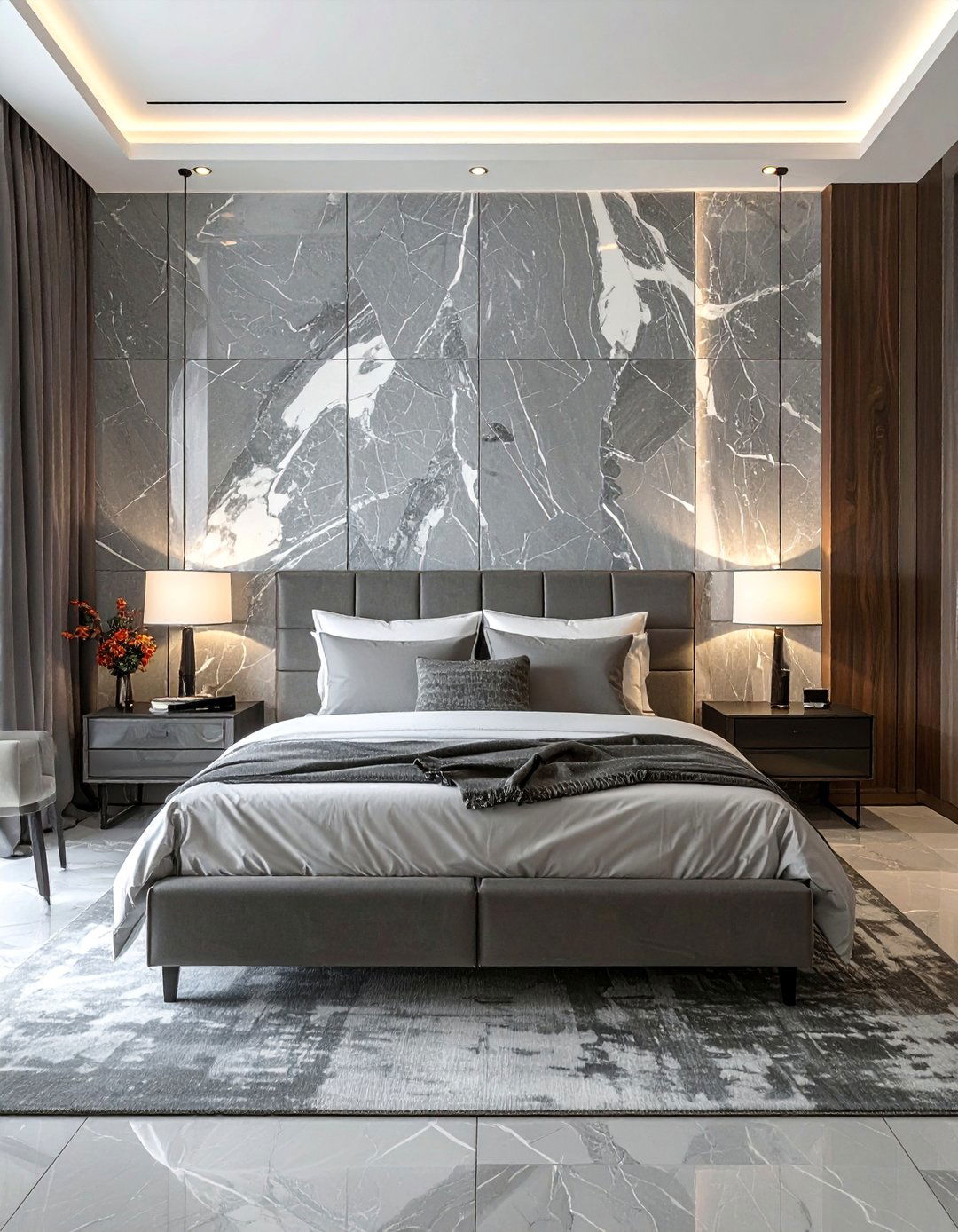 A Modern Bedroom with a Stone Feature Wall - 40 Modern Bedroom Ideas for a Sleek and Stylish Space