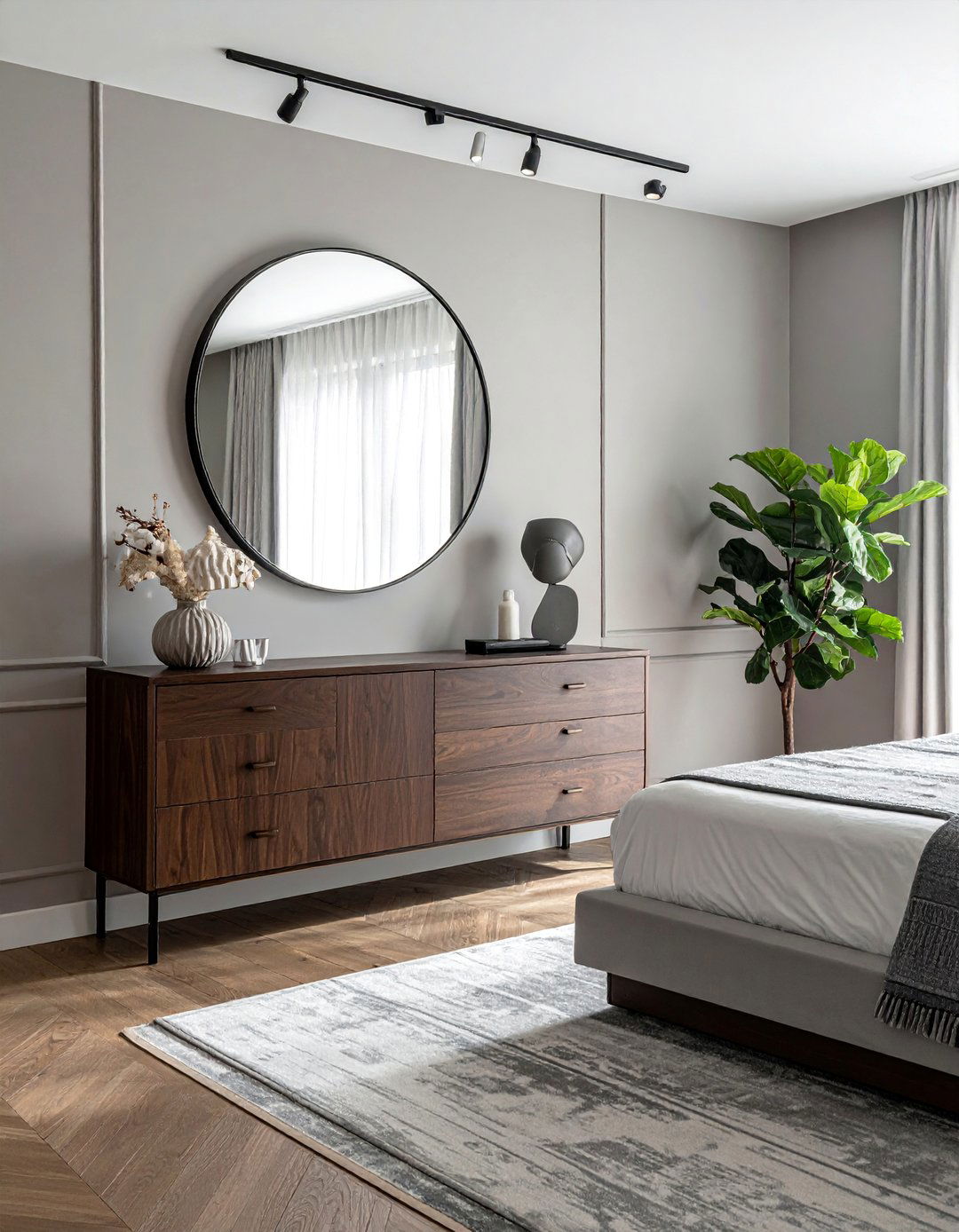 A Modern Bedroom with an Oversized Circular Mirror - 40 Modern Bedroom Ideas for a Sleek and Stylish Space