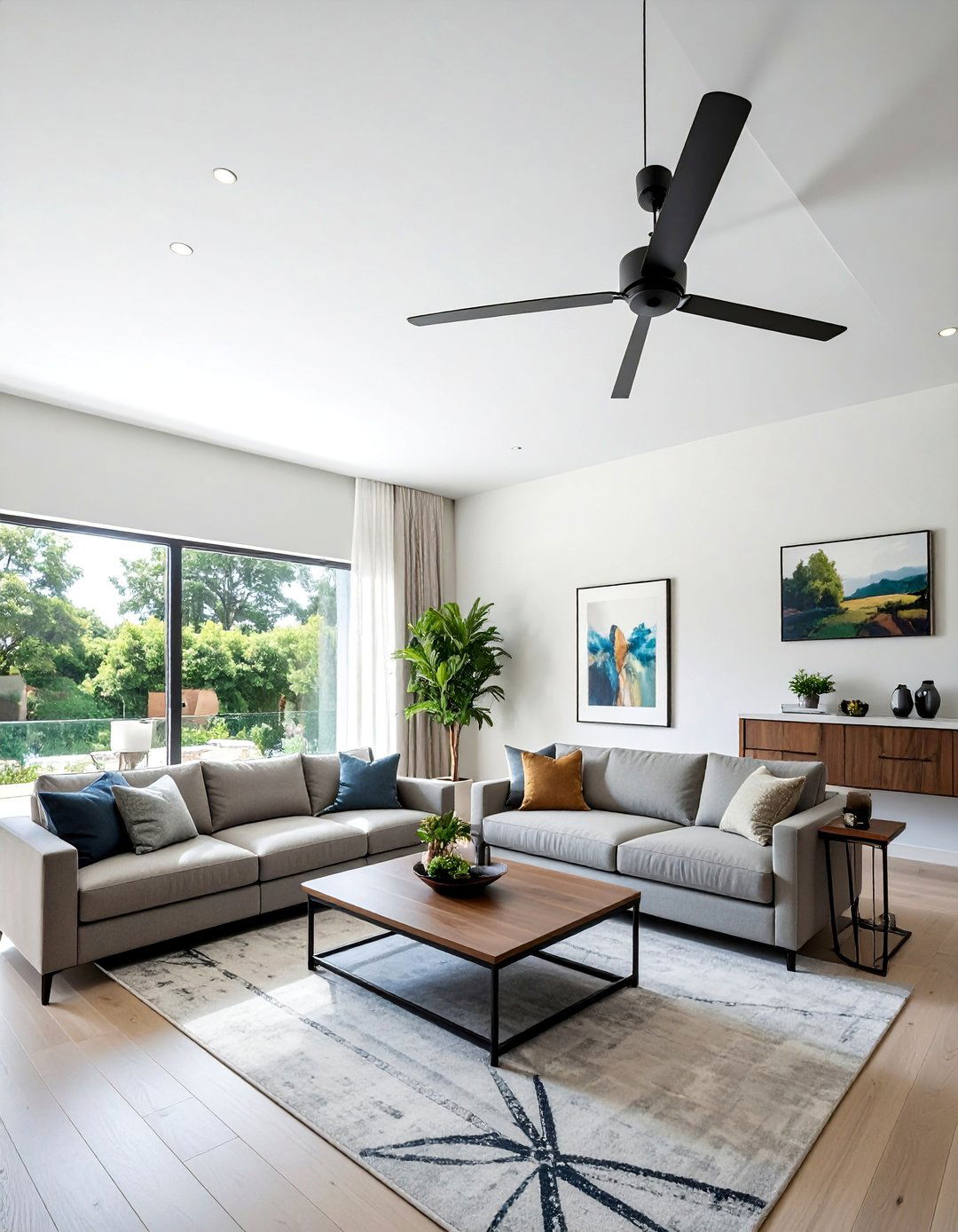 A Modern Ceiling Fan on a Living Room Vaulted Ceiling - 25 Living Room Vaulted Ceiling Ideas for Spacious Charm
