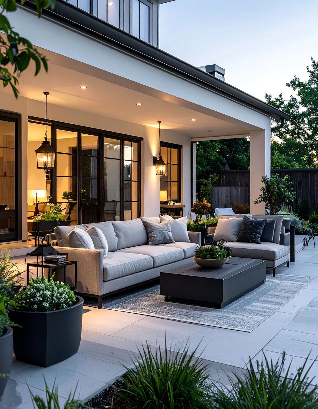 A Modern Farmhouse Patio with Black Accents - 25 Farmhouse Patio Ideas for a Relaxing Outdoor Space