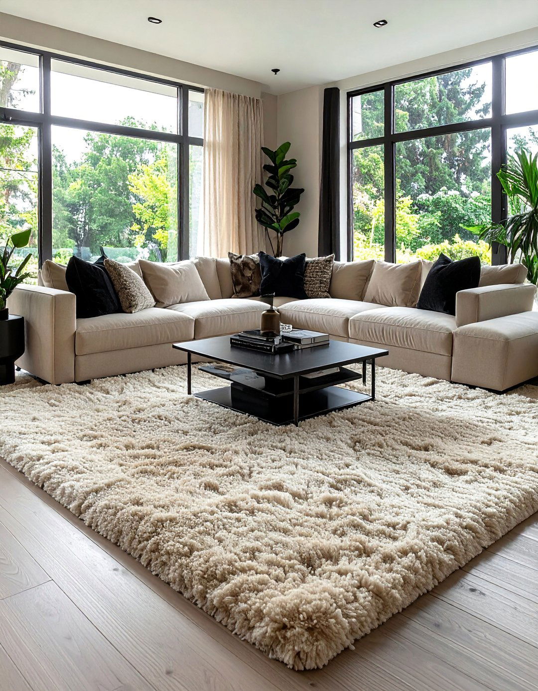 A Plush Beige Shag Rug - 30 Black and Beige Living Room Ideas for a Neutral Palette
