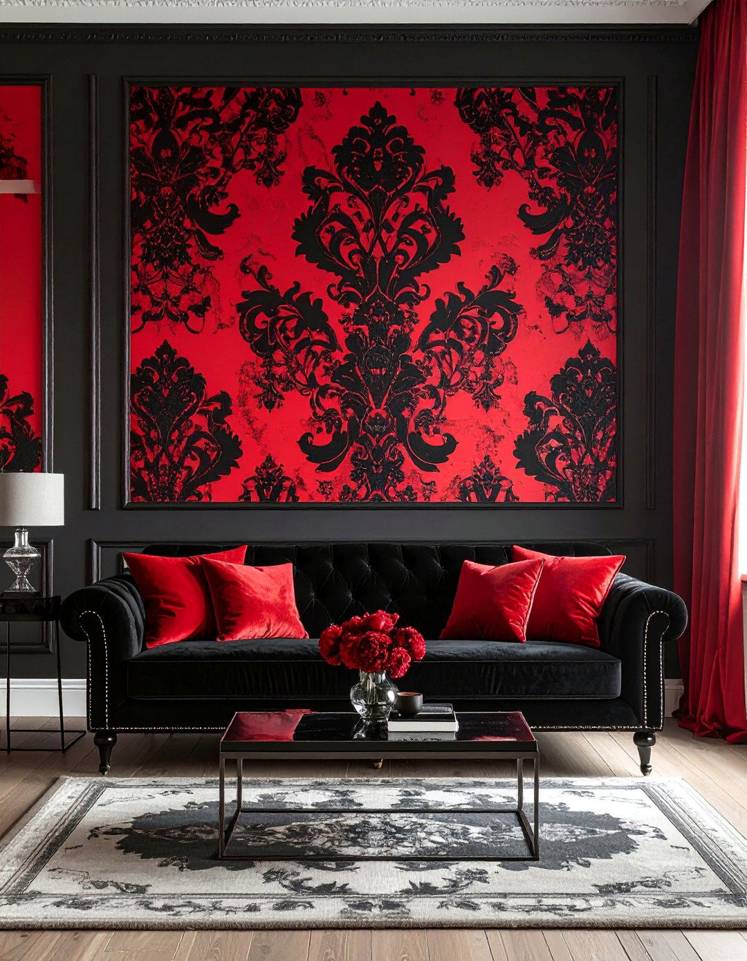 A Red Patterned Wallpaper Accent - 25 Black and Red Living Room Ideas for Bold Interiors