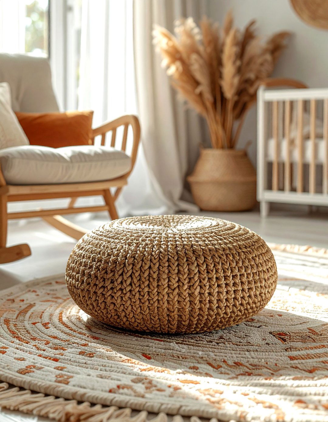 A Round Jute Pouf for Flexible Seating - 30 Boho Nursery Ideas for a Cozy and Stylish Space