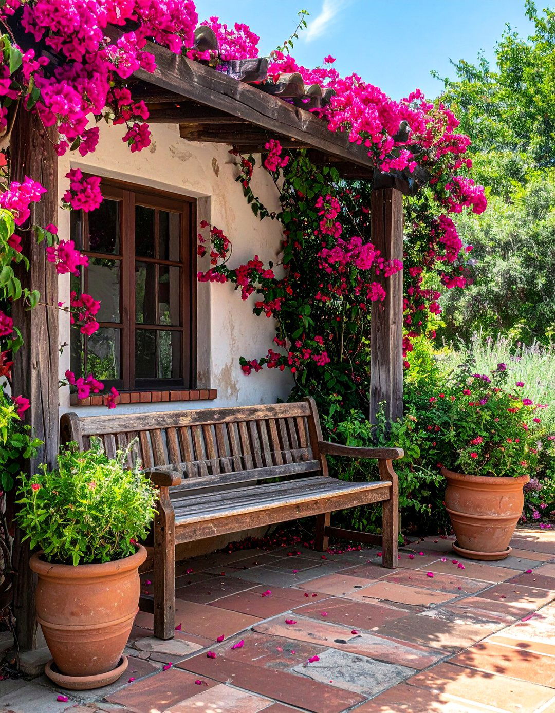 A Secluded Bench Seating Nook - 20 Front Yard Spanish Style Landscaping Ideas
