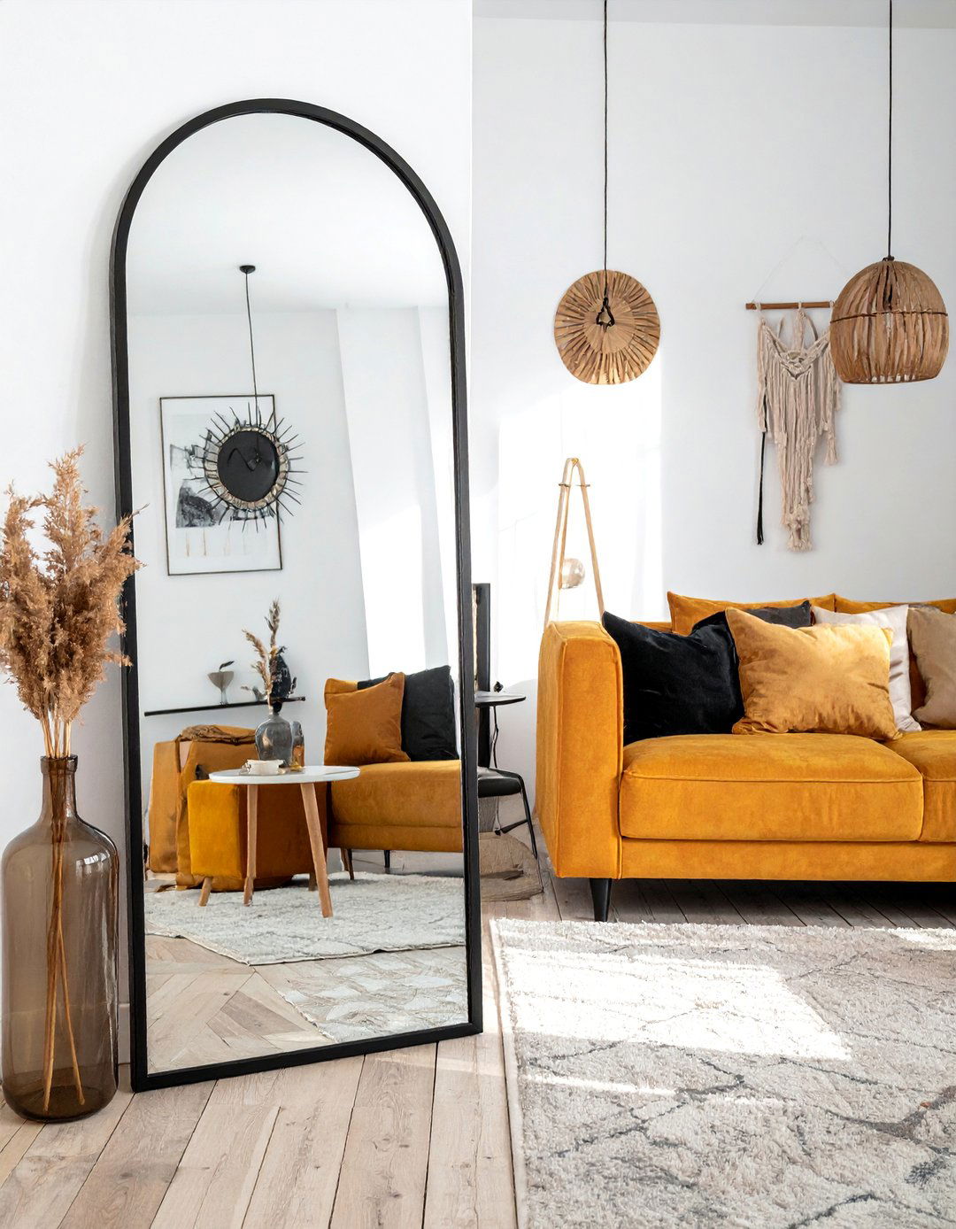 A Statement Arched Floor Mirror - 20 Black and White Boho Living Room Ideas for a Cozy Vibe