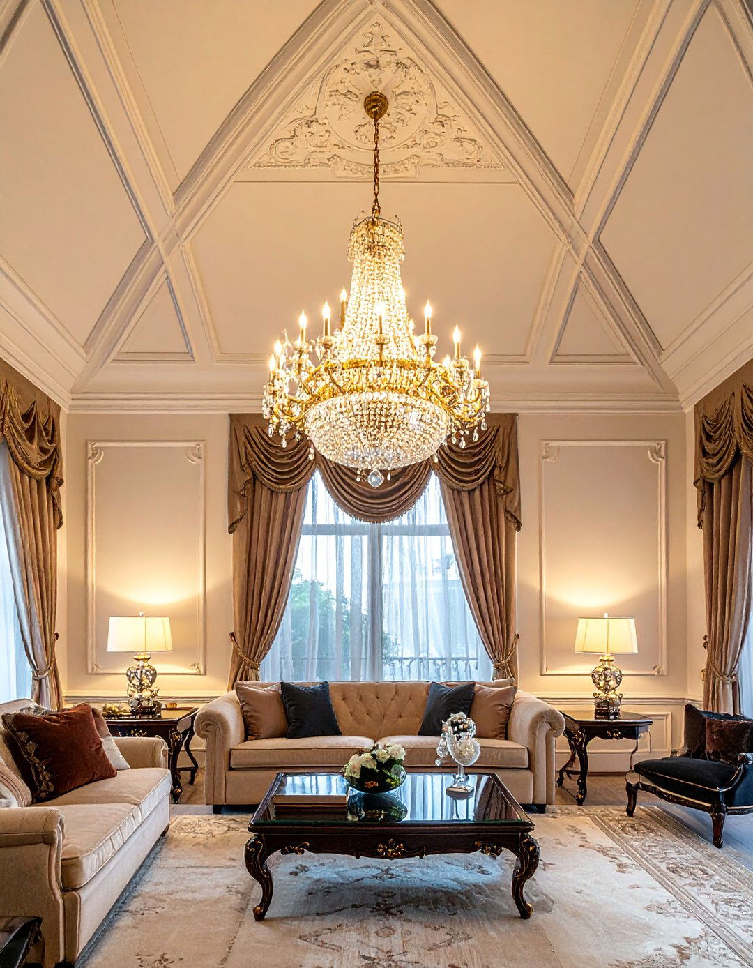 A Statement Chandelier on a Living Room Vaulted Ceiling - 25 Living Room Vaulted Ceiling Ideas for Spacious Charm