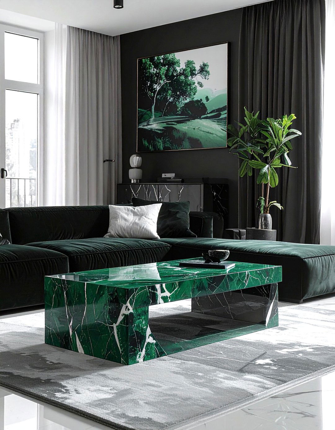 A Statement Green Marble Coffee Table - 30 Black and Green Living Room Ideas for a Luxe Feel