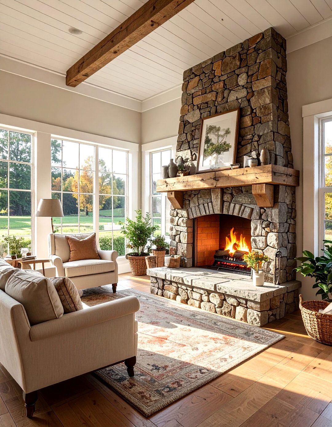 A Stone Fireplace Feature - 25 Farmhouse Sunroom Ideas for a Cozy Retreat