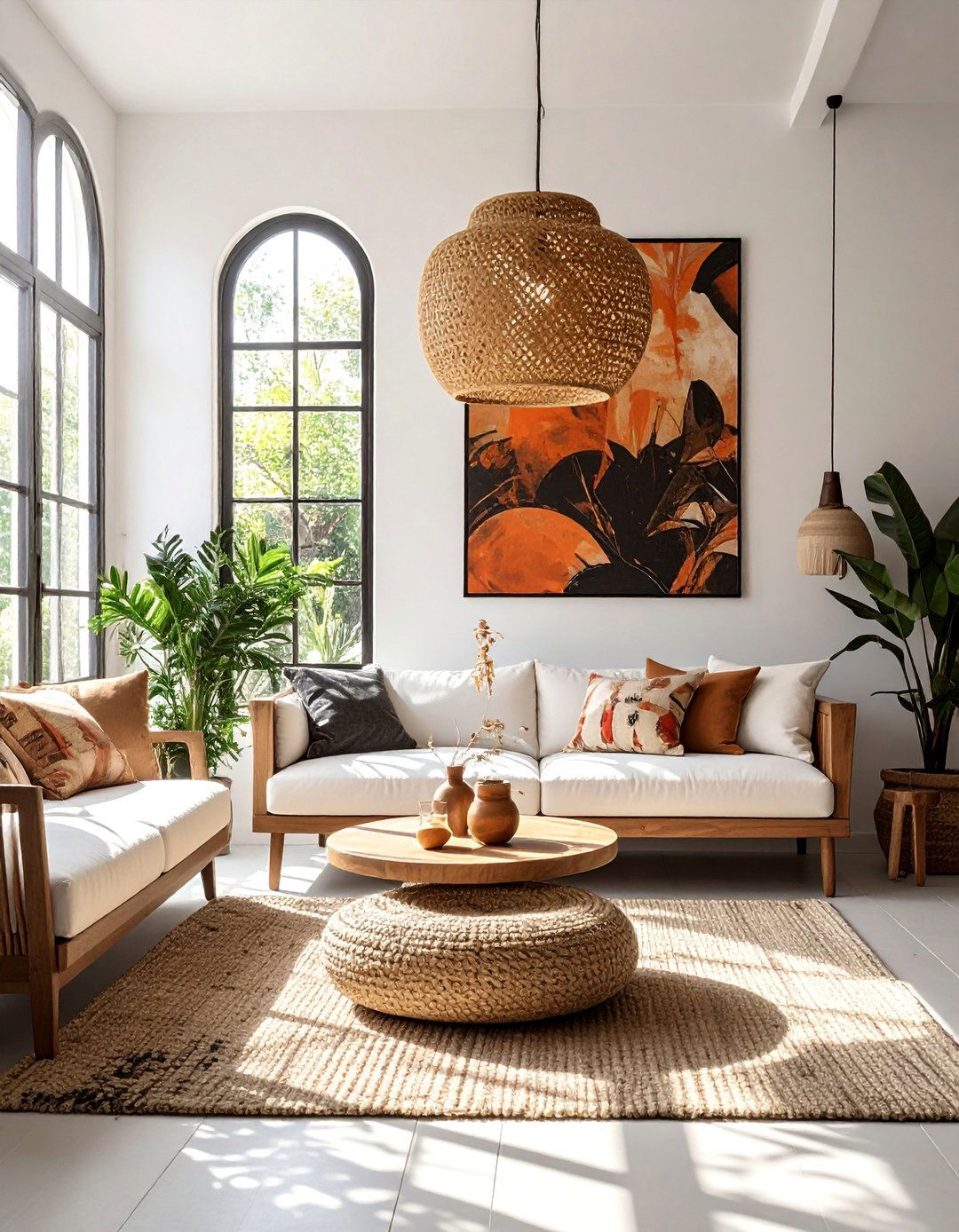 A Striking Woven Pendant Light - 20 Black and White Boho Living Room Ideas for a Cozy Vibe