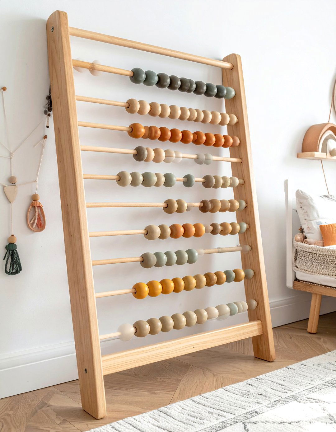A Wall Mounted Wooden Abacus for Playful Decor - 30 Boho Nursery Ideas for a Cozy and Stylish Space