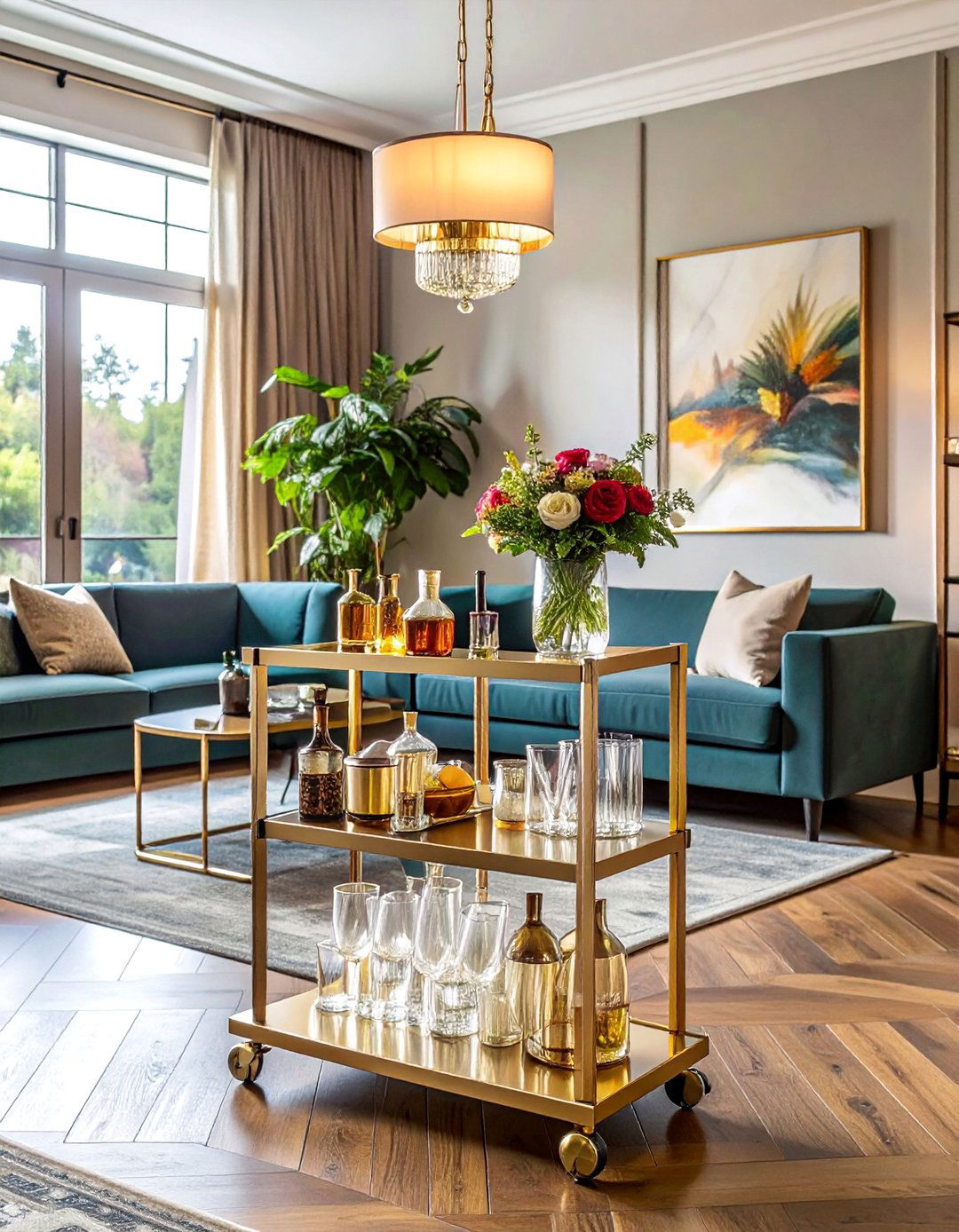 A Well Stocked Bar Cart - 40 Cozy Living Room Ideas to Transform Your Space