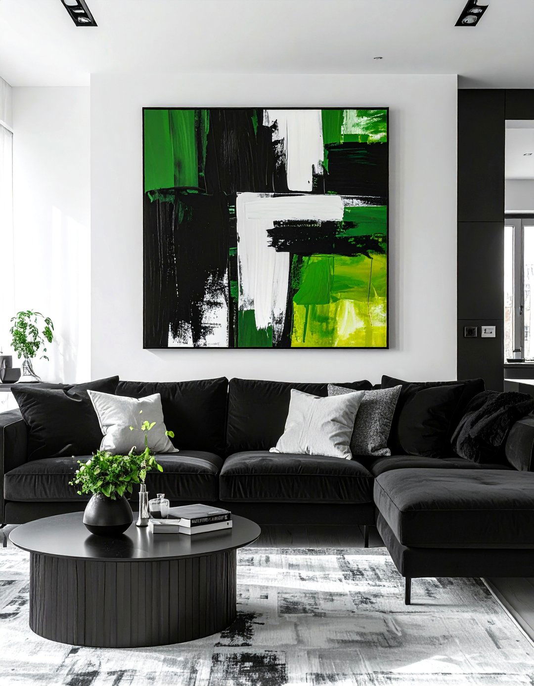 Abstract Art Featuring Black and Green - 30 Black and Green Living Room Ideas for a Luxe Feel