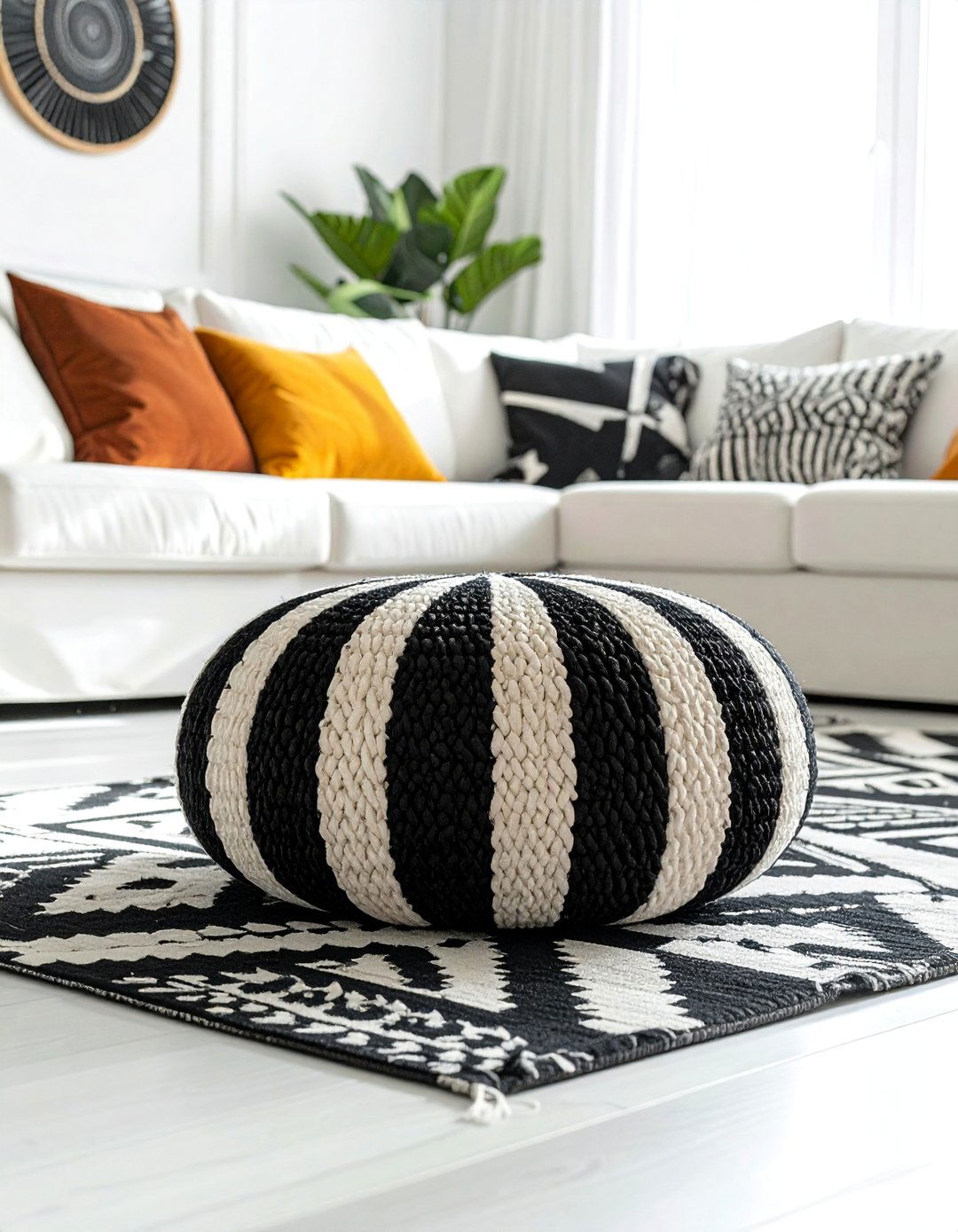 Adding a Black and White Striped Pouf - 20 Black and White Boho Living Room Ideas for a Cozy Vibe